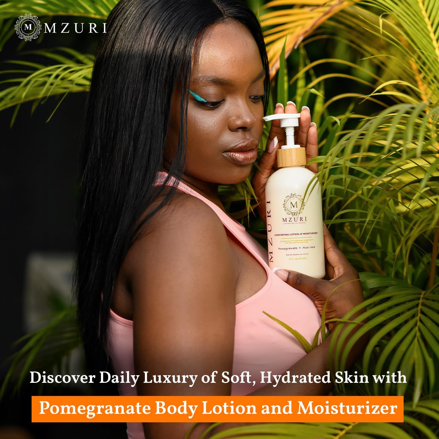 Communicates the primary benefit of the pomegranate body lotion—delivering soft, hydrated skin—through a lifestyle setting with a clear benefit-focused headline.