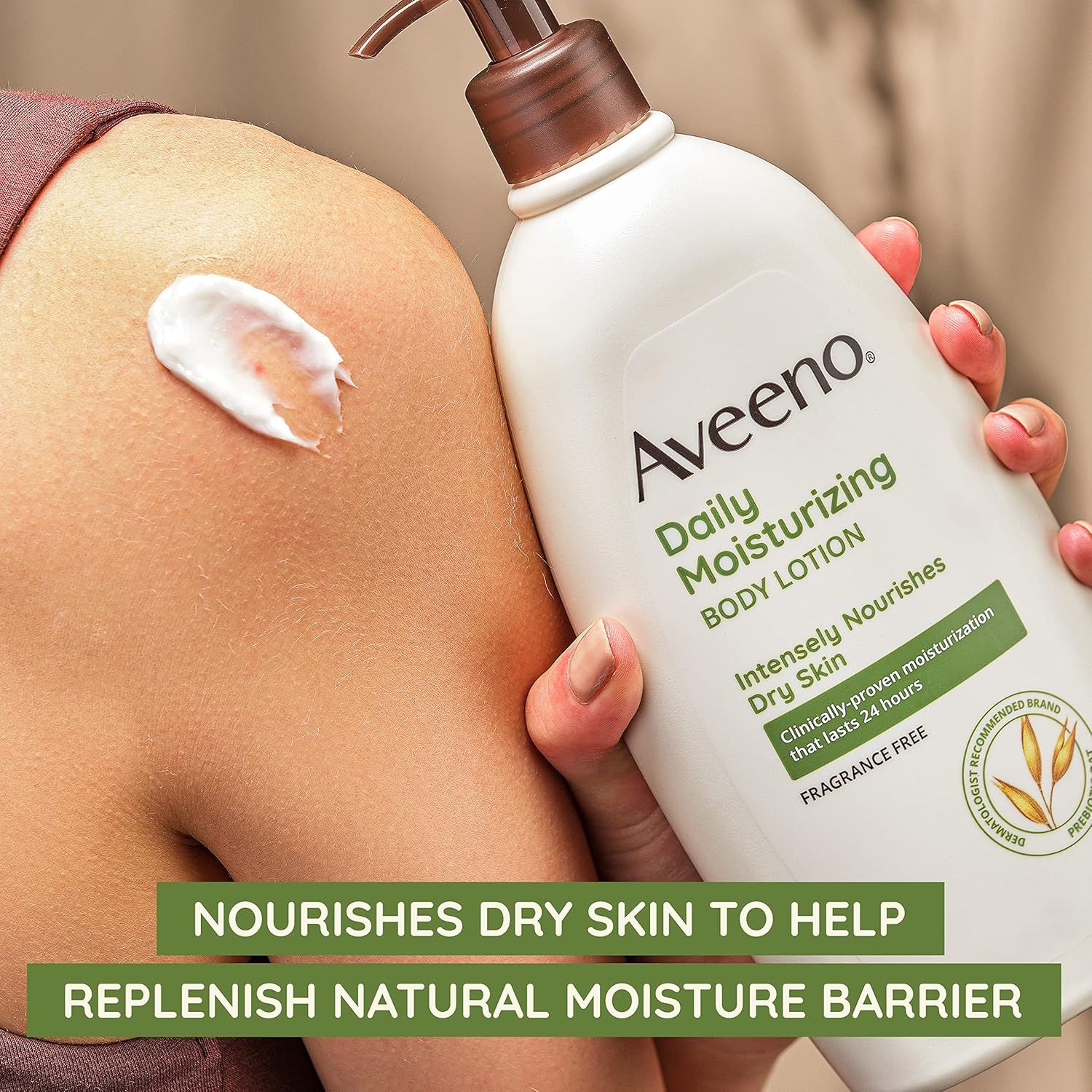 Communicates the primary benefit of the body lotion—nourishing dry skin and replenishing the natural moisture barrier—through a clean lifestyle photo with a single text callout.