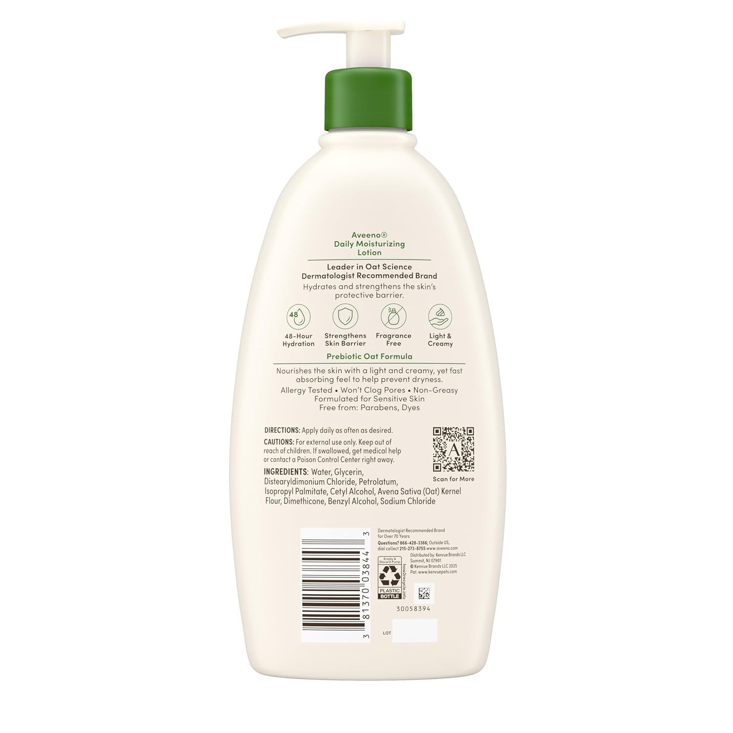 Communicates multiple key benefits of the lotion in a visually segmented layout with icons, reassuring shoppers about hydration duration, skin health, sensitivity-friendliness, and texture.