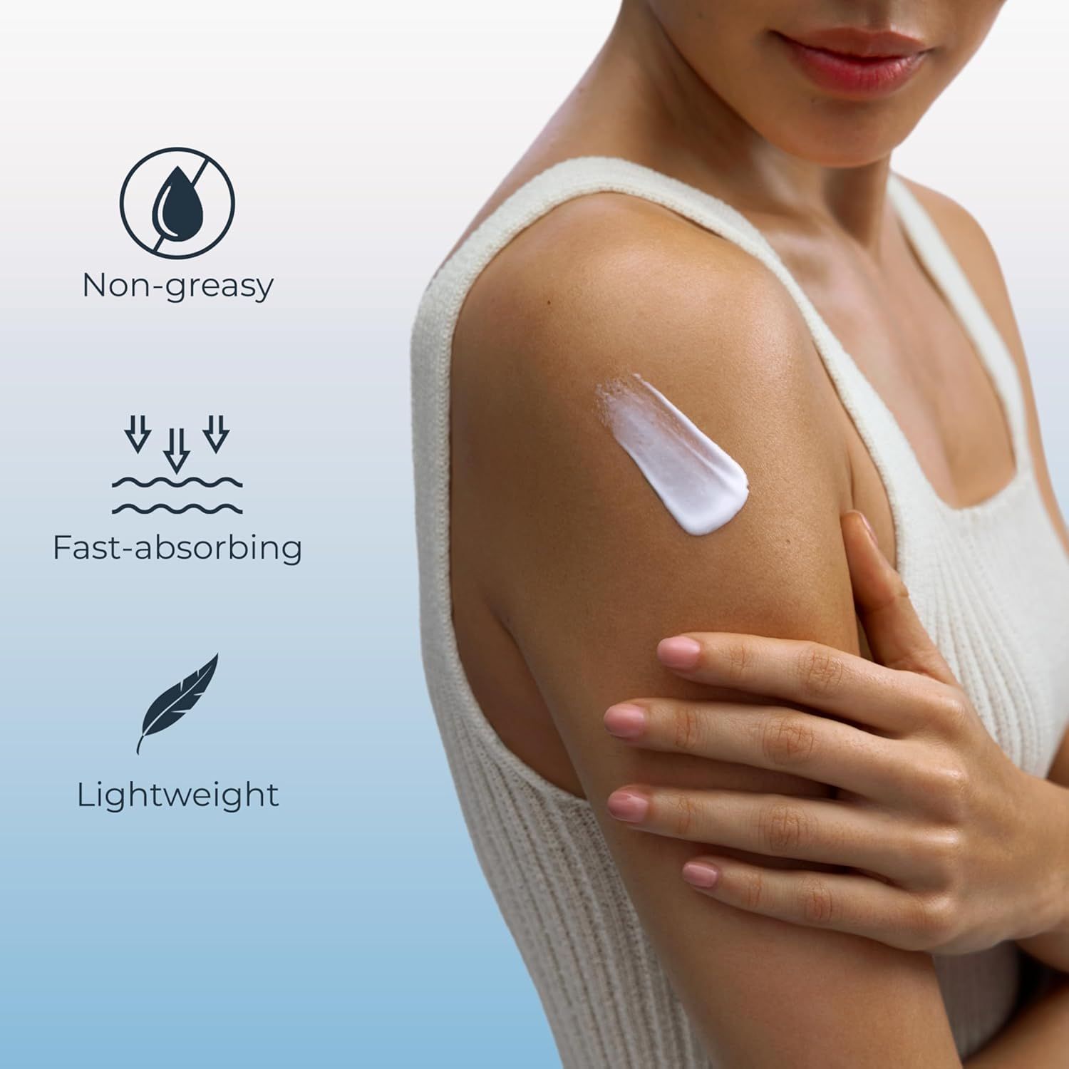 Communicates three distinct product benefits in a visually segmented layout to reassure shoppers that the skincare product has a desirable texture and application experience.