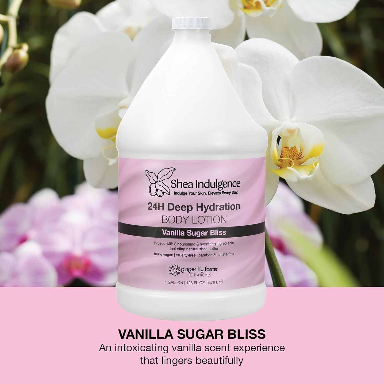 Showcases the product in an elegant, natural environment with orchids to evoke luxury, beauty, and a spa-like experience that aligns with the vanilla scent and premium positioning.