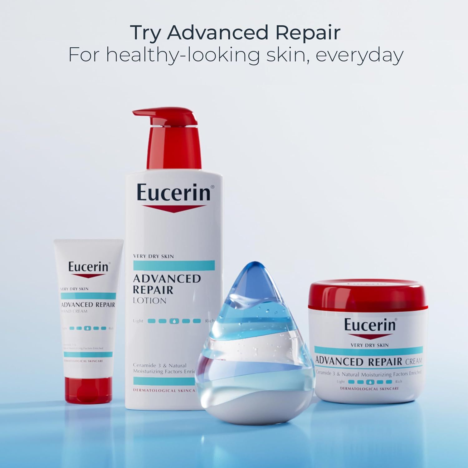 Showcases the Eucerin Advanced Repair product line, displaying multiple product formats (lotion, cream, hand cream) to help shoppers understand the brand's offerings and choose the right format for…
