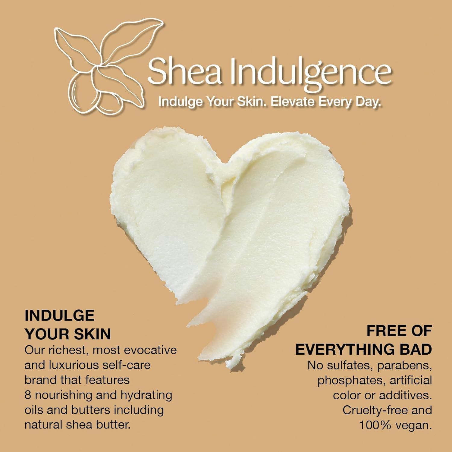 Establishes the brand identity and emotional positioning of Shea Indulgence as a luxurious, natural self-care brand, communicating the brand's values of indulgence, purity, and premium quality.