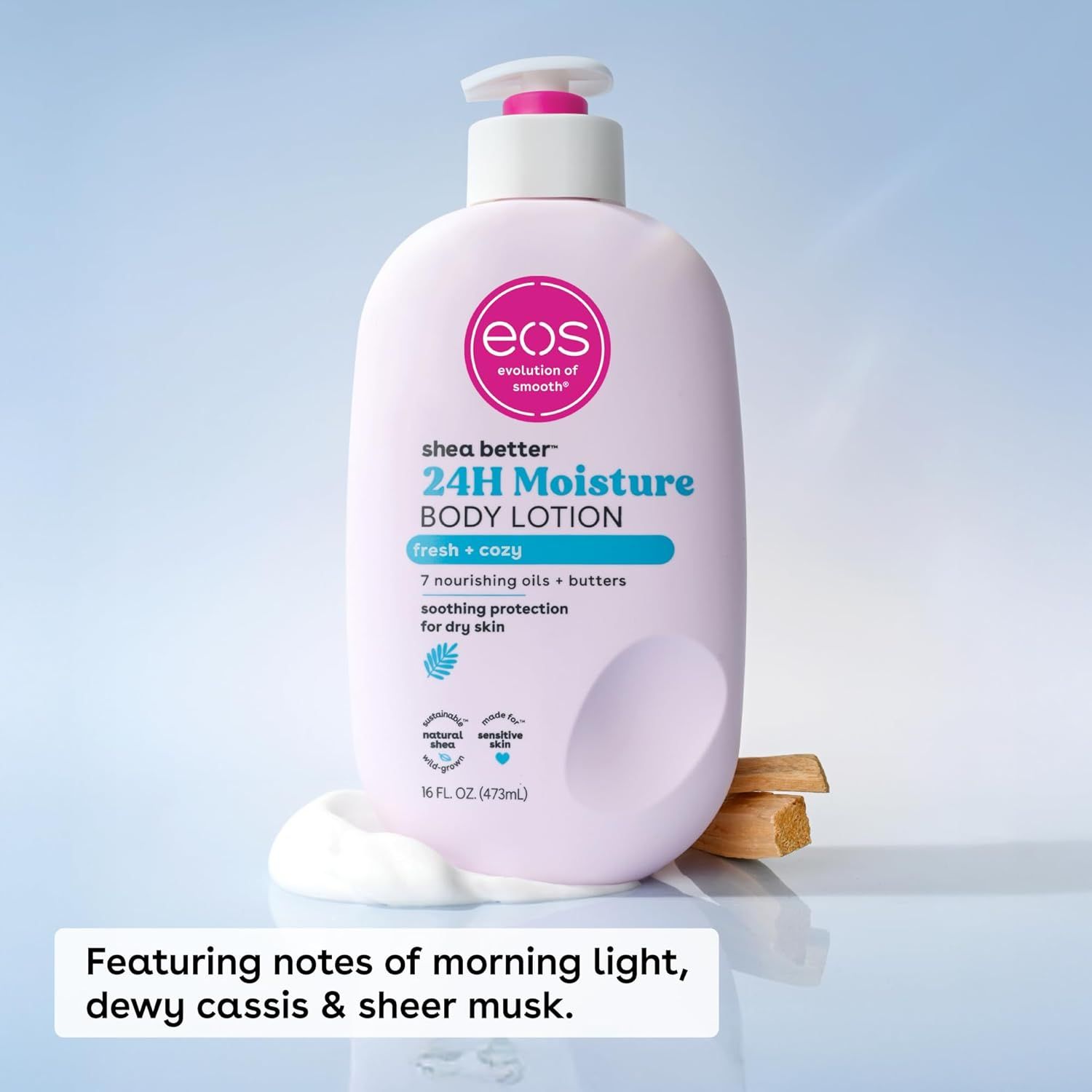 Communicates the product's key benefit of 24-hour moisture protection while highlighting the sensory experience with descriptive fragrance notes to help shoppers understand what the lotion smells…