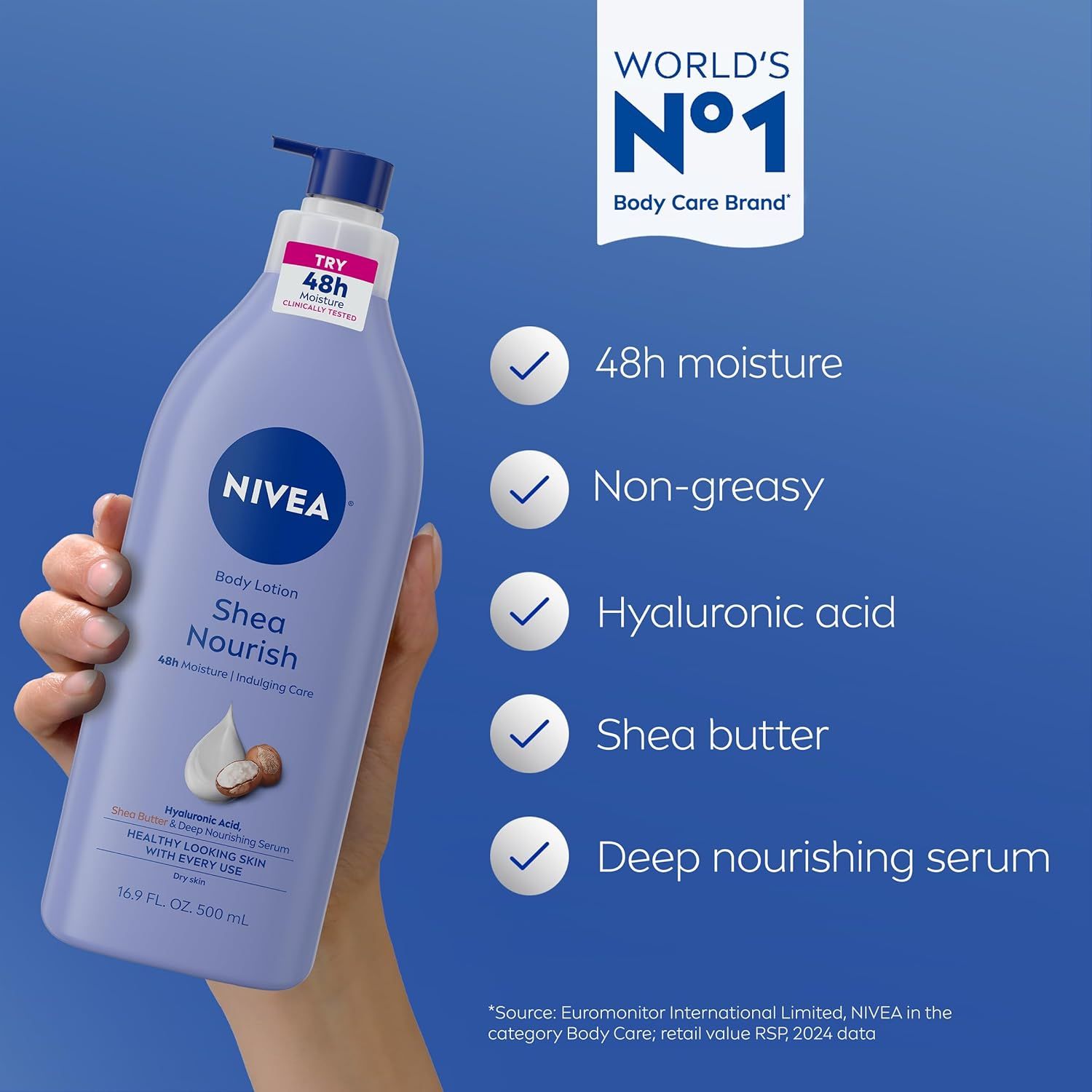 Communicates multiple key benefits and ingredients of the NIVEA body lotion in a checklist format to help shoppers quickly understand the product's comprehensive moisturizing and nourishing…
