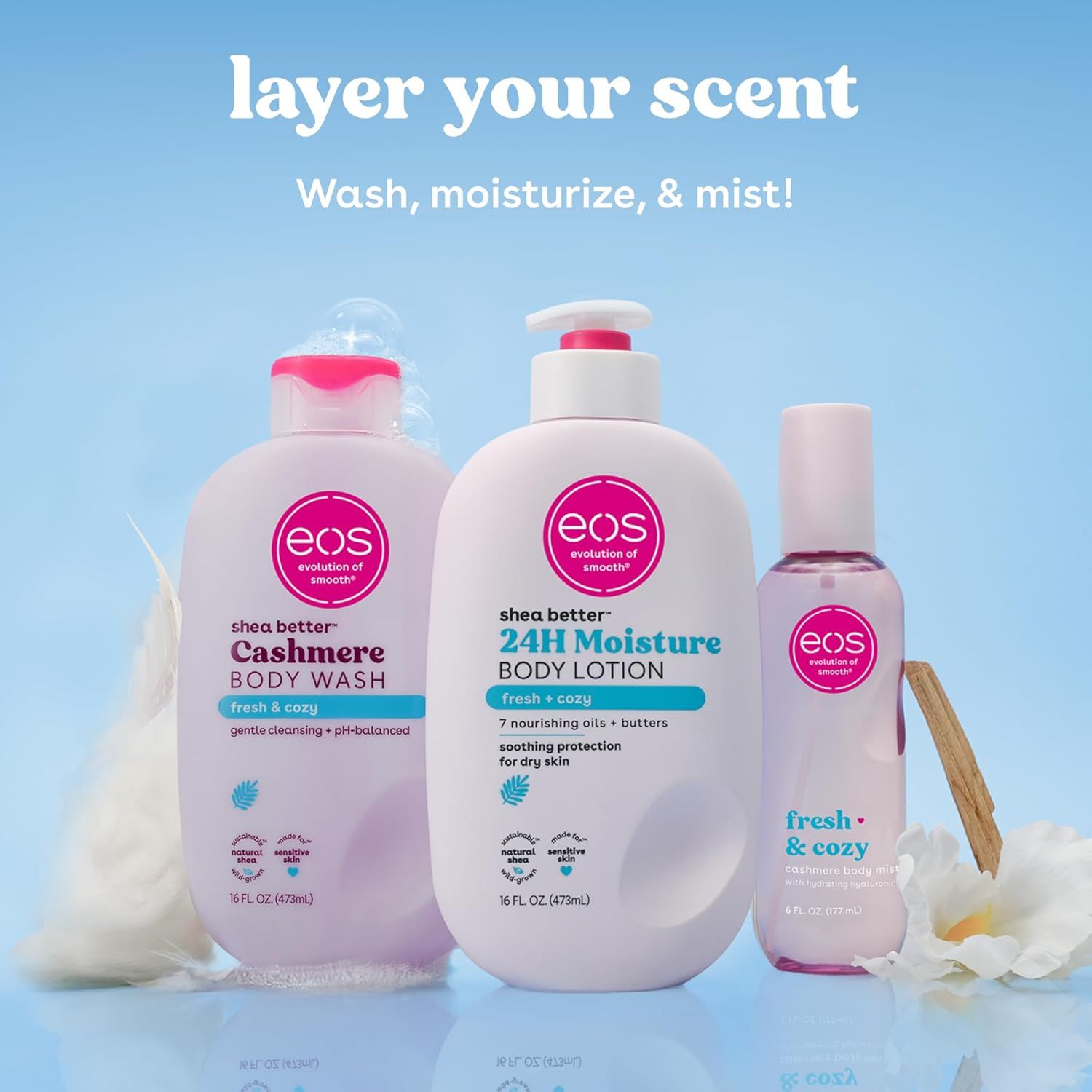 Shows the complete product bundle (body wash, body lotion, and body mist) to communicate the layering system and encourage shoppers to purchase the full set for a coordinated scent experience.