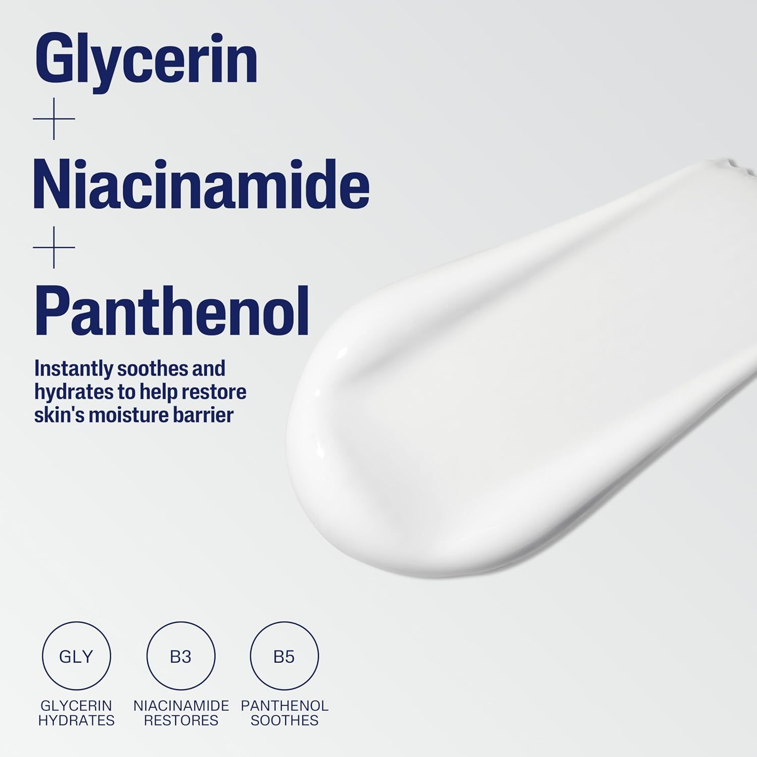 Highlights the three key active ingredients in the product and their specific benefits (hydration, restoration, soothing) to educate shoppers about what makes the formula effective.