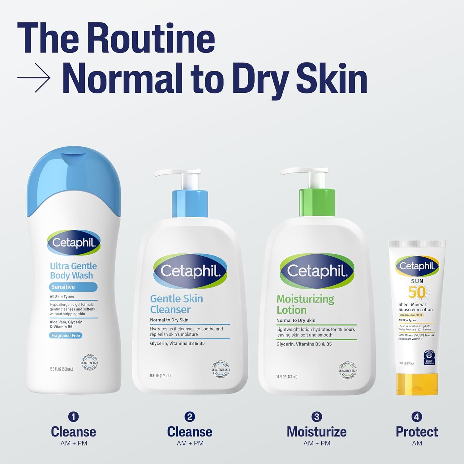 Demonstrates a 4-step skincare routine for normal to dry skin, showing shoppers exactly which products to use and when to use them throughout the day. Showcases the Cetaphil brand's complete product…