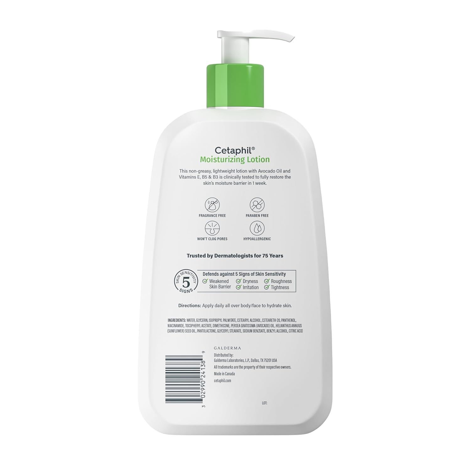 Communicates multiple product benefits and features in a segmented layout to reassure shoppers about the lotion's gentle, dermatologist-tested formulation and its effectiveness against skin…