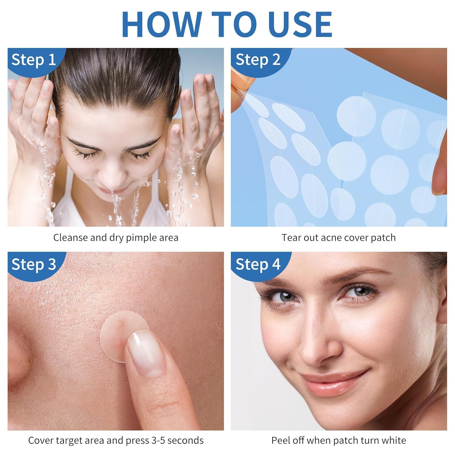 Demonstrates the step-by-step process for applying acne cover patches, from cleansing to removal, to help shoppers understand exactly how to use the product effectively.