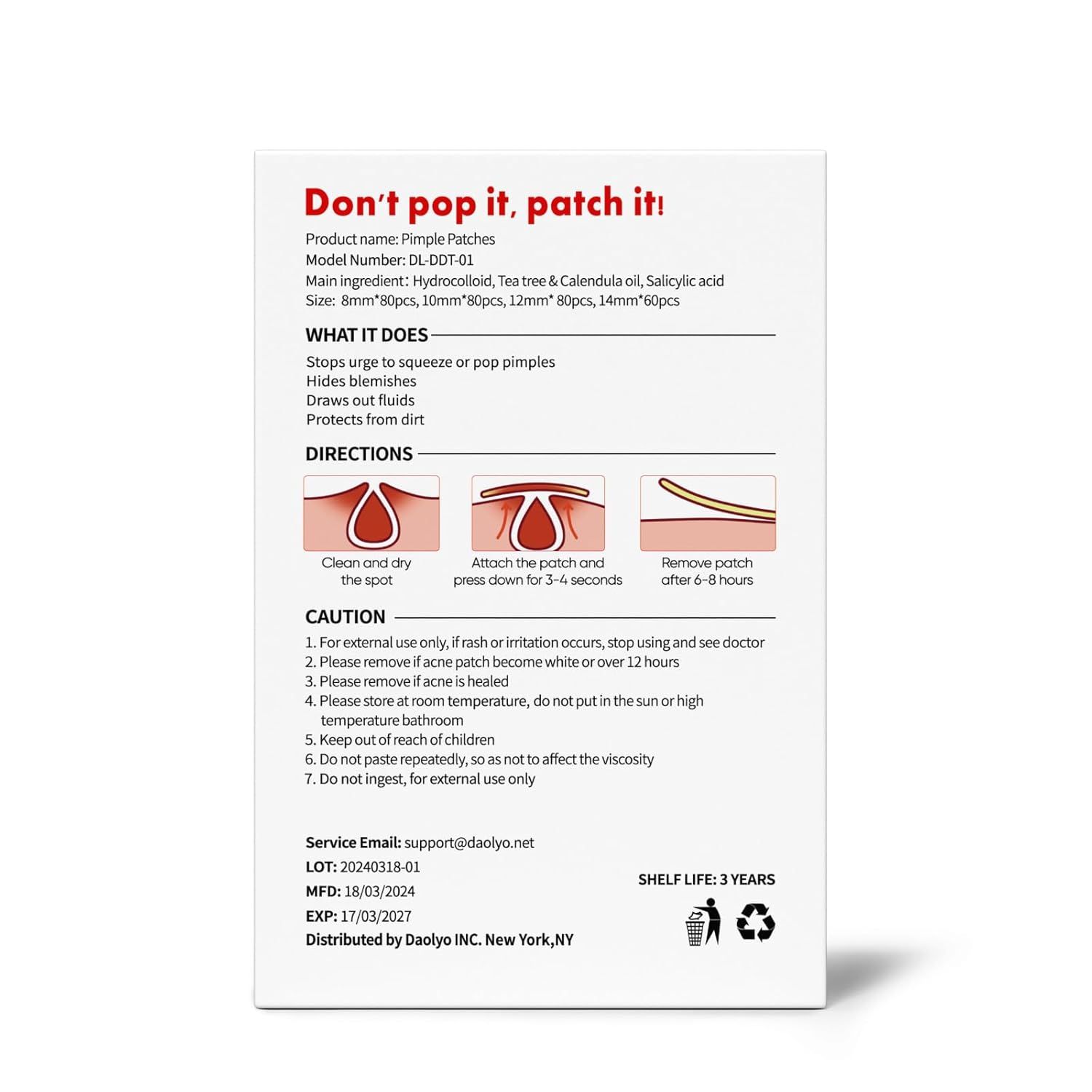 Provides clear step-by-step instructions on how to properly apply and use the pimple patches, including cleaning, attaching, and removing the product.