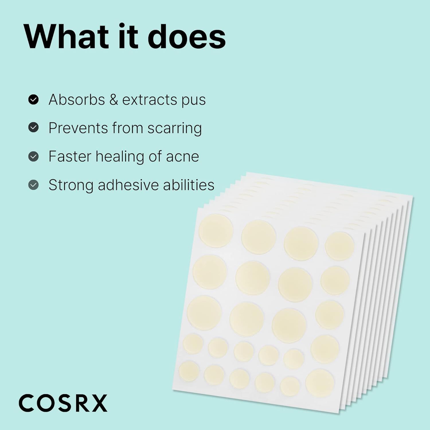 Communicates multiple key benefits of the acne patches in a clear, segmented checklist format to help shoppers understand the comprehensive value and effectiveness of the product.