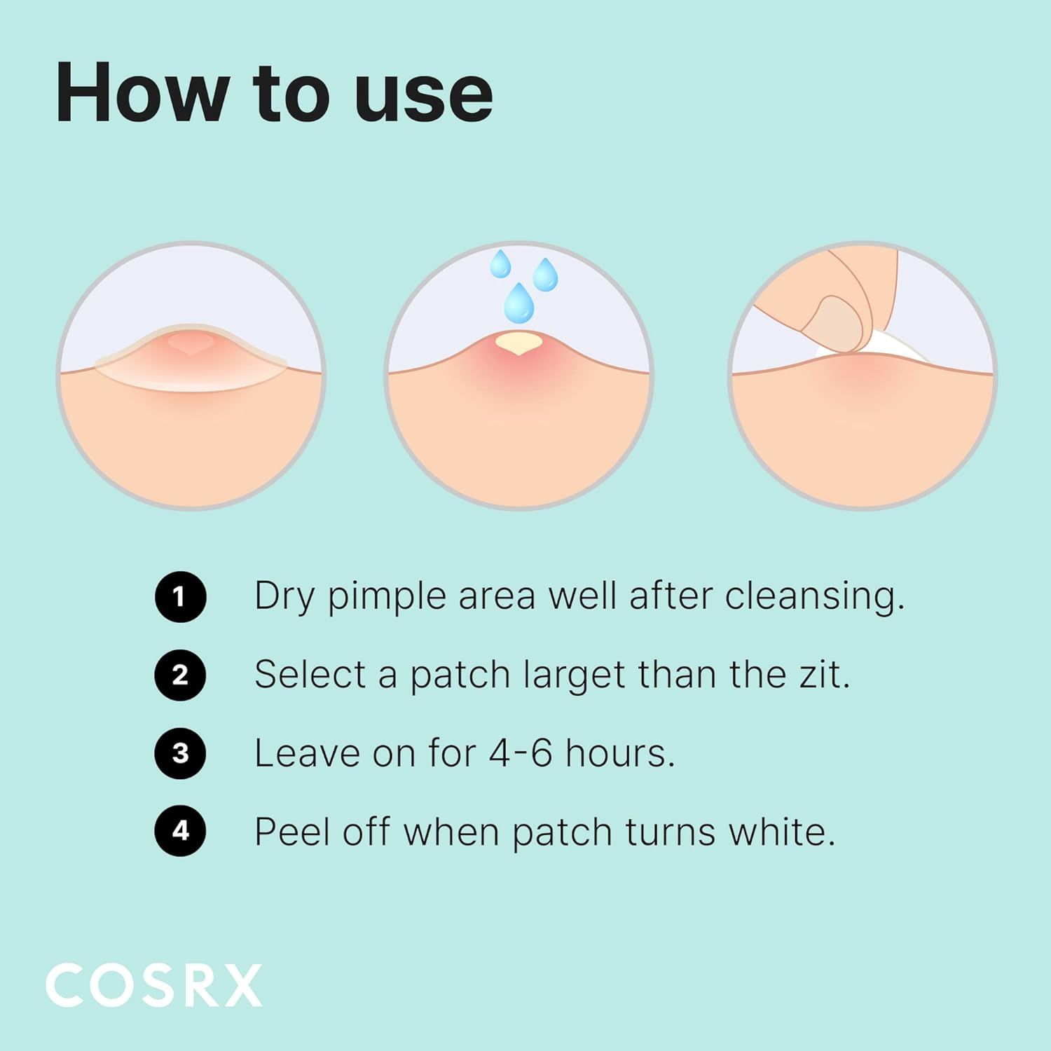 Provides clear, numbered step-by-step instructions on how to properly apply and use the pimple patch product, ensuring customers understand the correct application process.