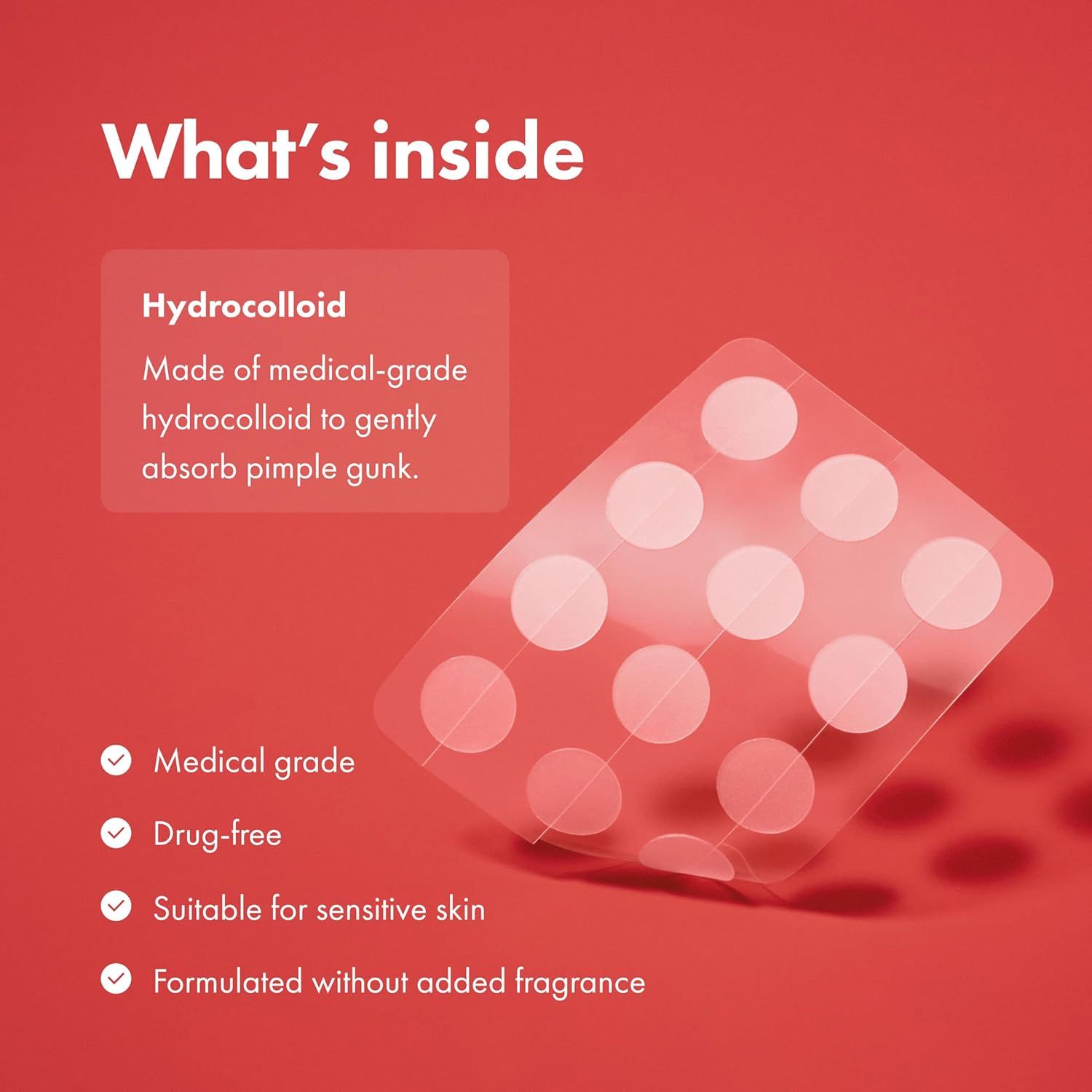 Communicates multiple key benefits of the hydrocolloid pimple patches to reassure shoppers about safety, quality, and suitability for sensitive skin.