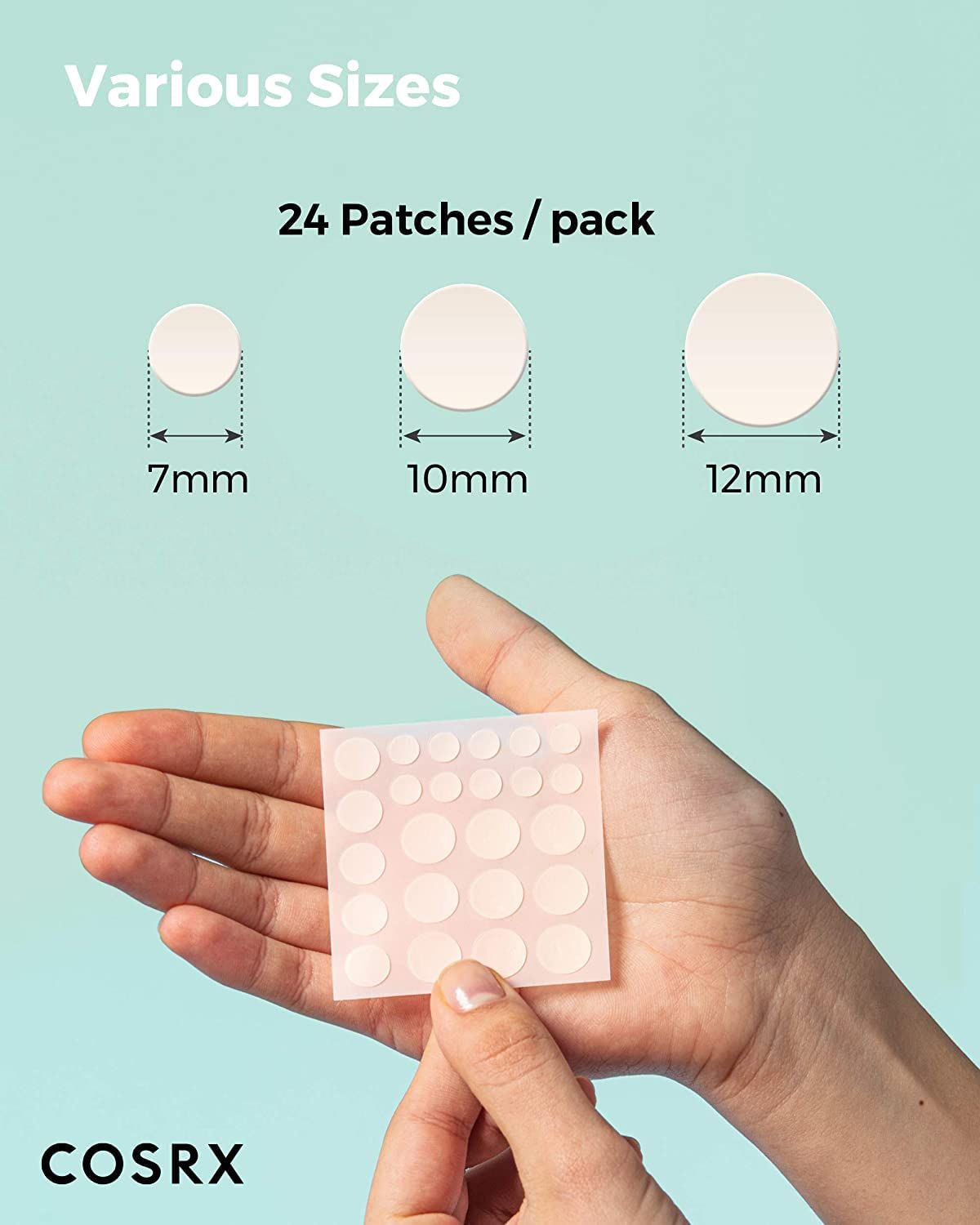Communicates that the product comes in three different patch sizes (7mm, 10mm, 12mm) to fit different blemish sizes, helping shoppers understand the variety and flexibility of the product. Shows…