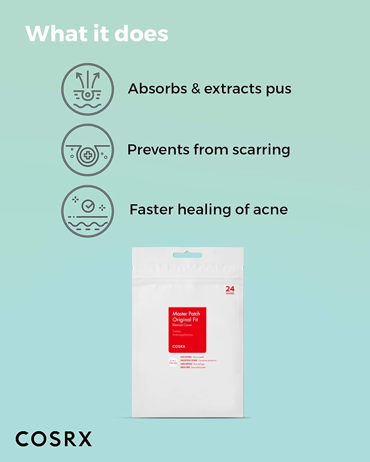 Communicates three distinct benefits of the acne patch product in a segmented layout with icons, showing shoppers how the product works to treat acne effectively.