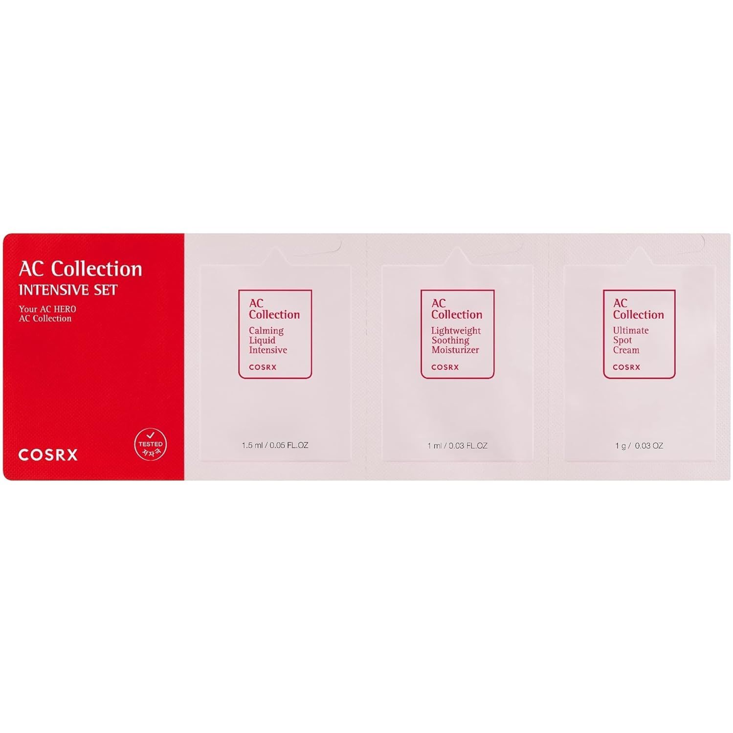 Shows the customer all three products included in the AC Collection Intensive Set, with product names and sizes clearly labeled to communicate the complete kit contents.