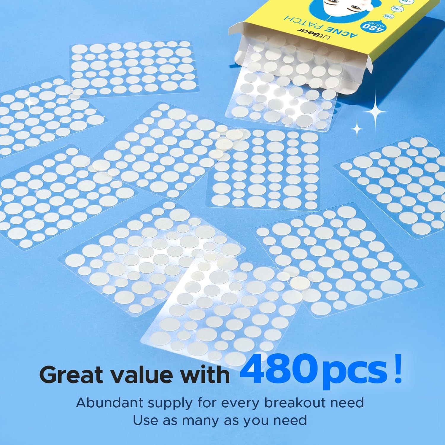 Communicates the generous quantity of acne patches included in the package, reassuring shoppers they have ample supply for ongoing breakout treatment needs.
