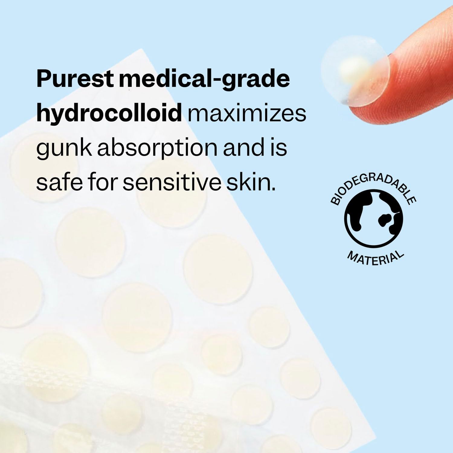 Communicates that the product uses medical-grade, biodegradable materials that are safe for sensitive skin, providing reassurance about both safety and environmental responsibility. Highlights the…