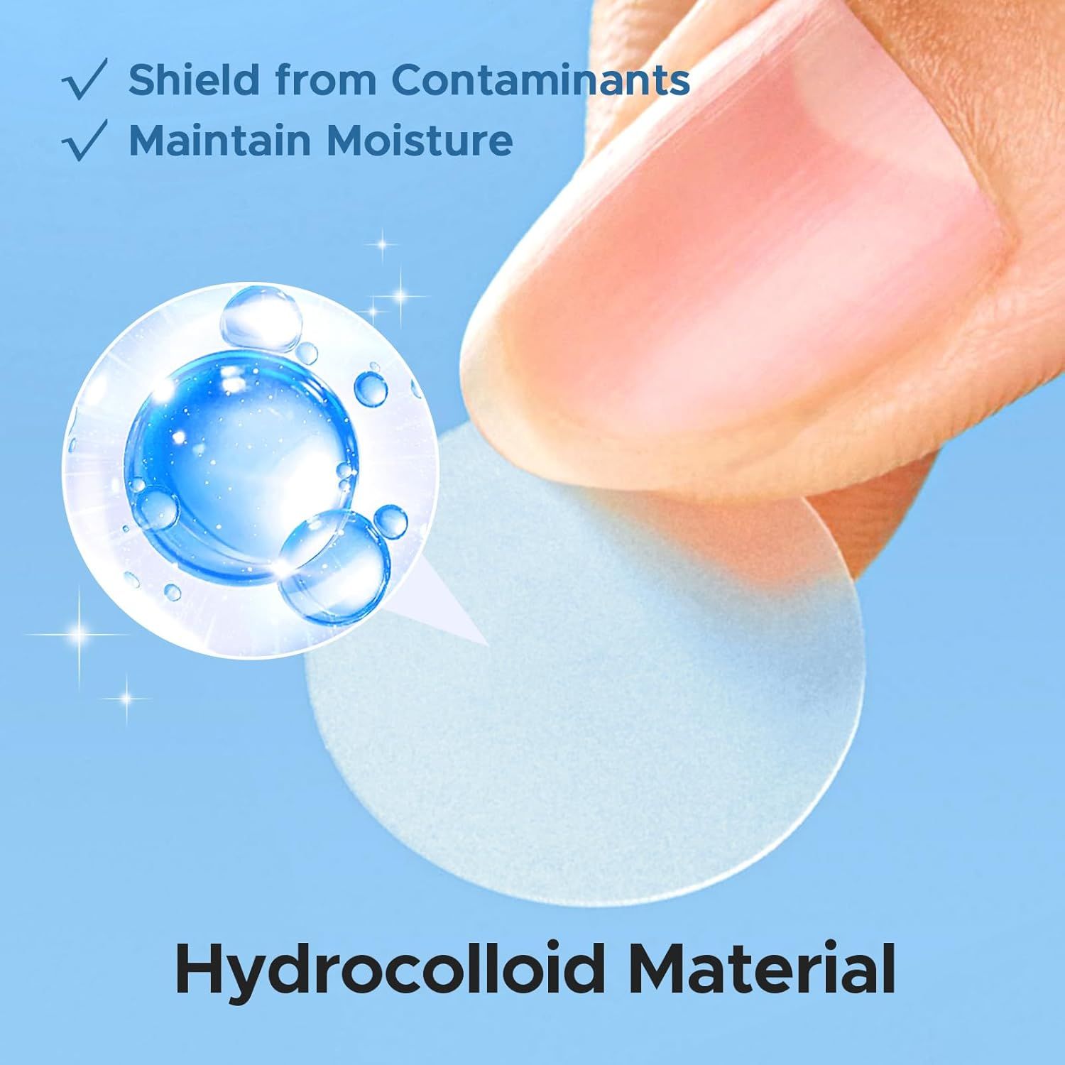 Communicates multiple benefits of the hydrocolloid material, emphasizing its ability to shield from contaminants and maintain moisture for wound care or skincare applications.