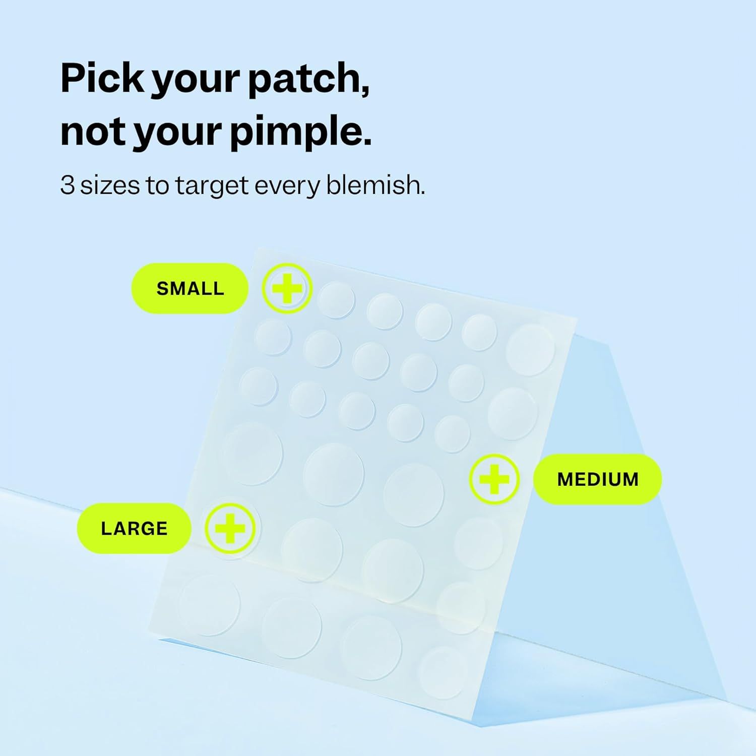 Communicates that the product comes in three different patch sizes (small, medium, large) to effectively target different types of blemishes, giving shoppers confidence in versatile coverage.