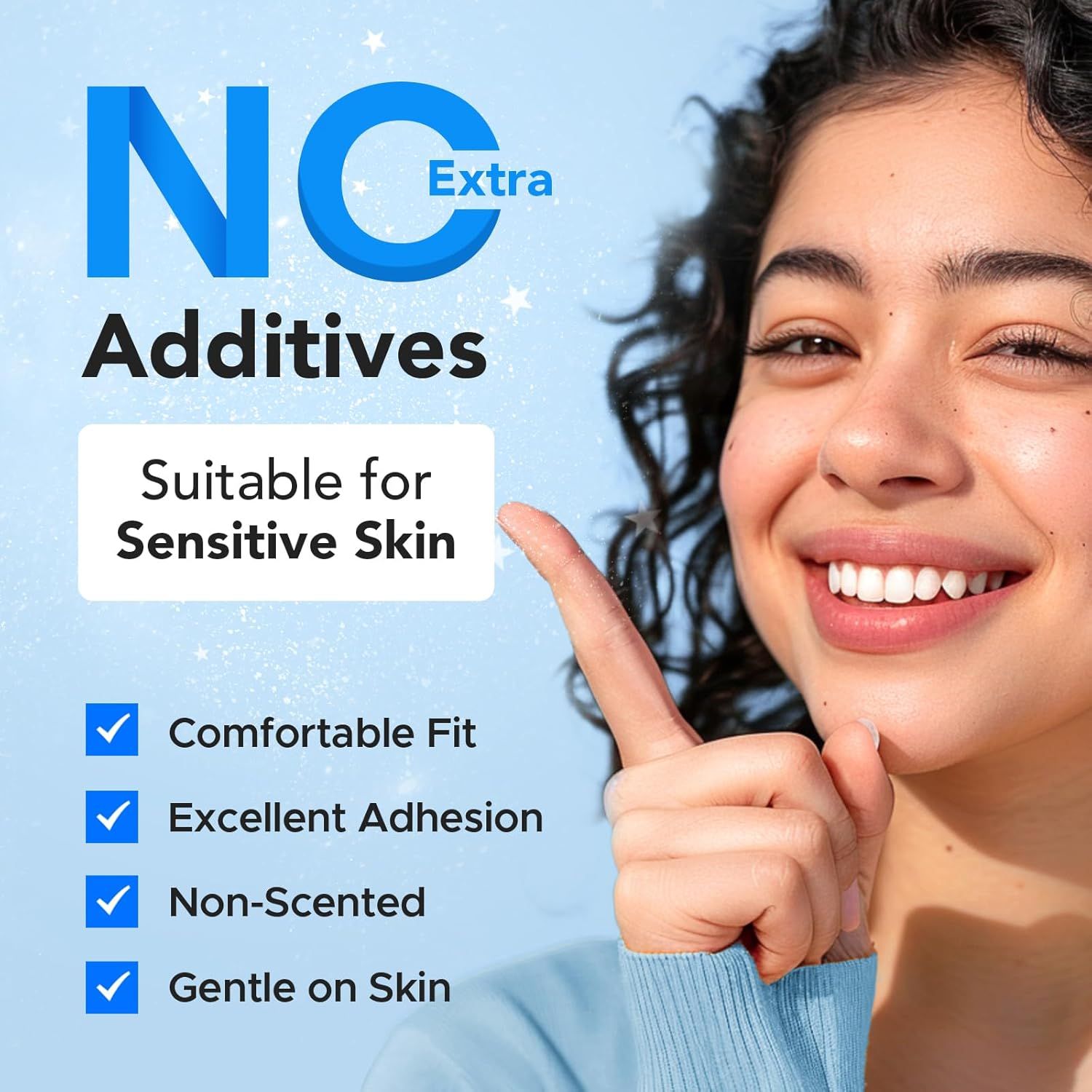 Communicates multiple product benefits in a segmented checklist format to reassure shoppers that the product is safe, comfortable, and suitable for sensitive skin.