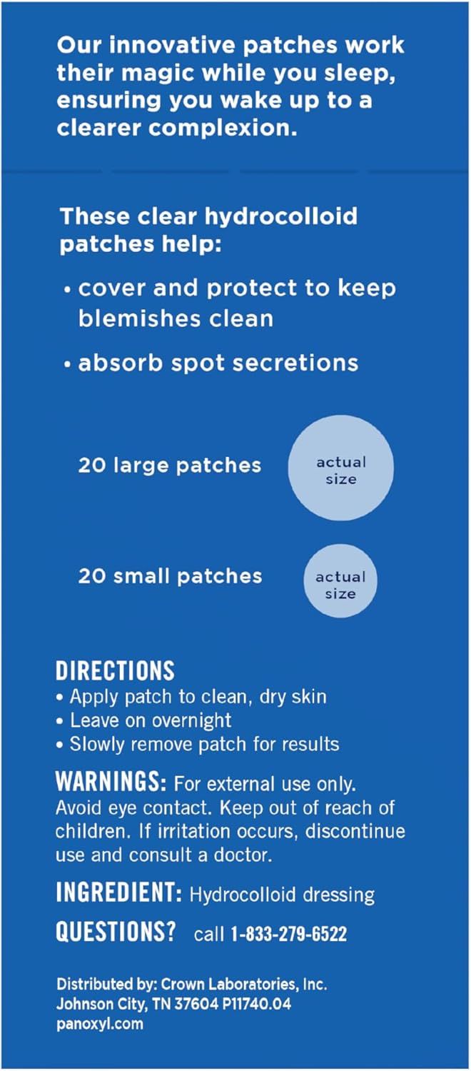 Communicates multiple benefits of the hydrocolloid patches including overnight use, blemish protection, spot absorption, and package contents, while also providing usage directions and safety…