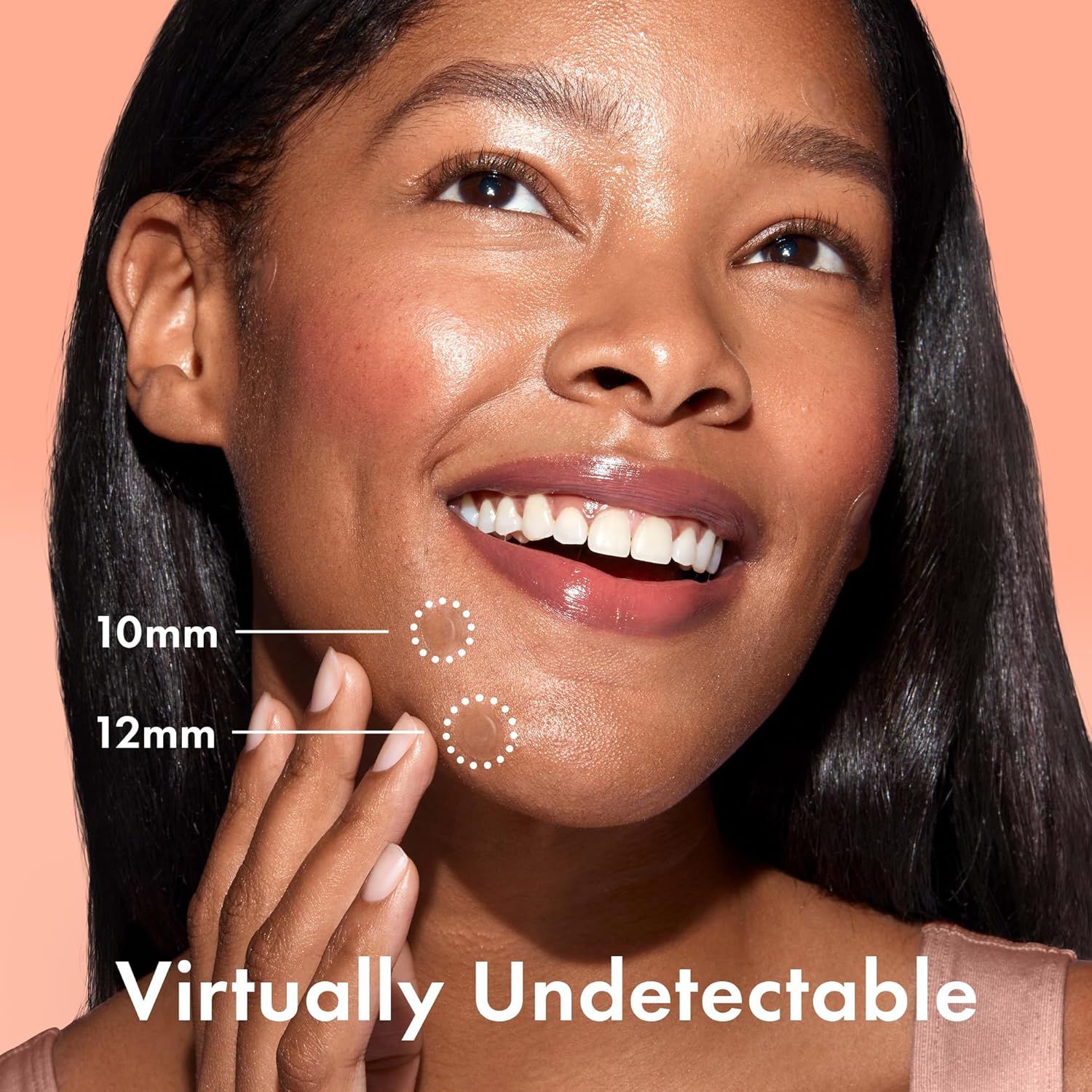 Demonstrates the available size options for the product (likely acne patches or skincare patches) and shows how discreet they appear on skin, reassuring shoppers about their virtually undetectable…