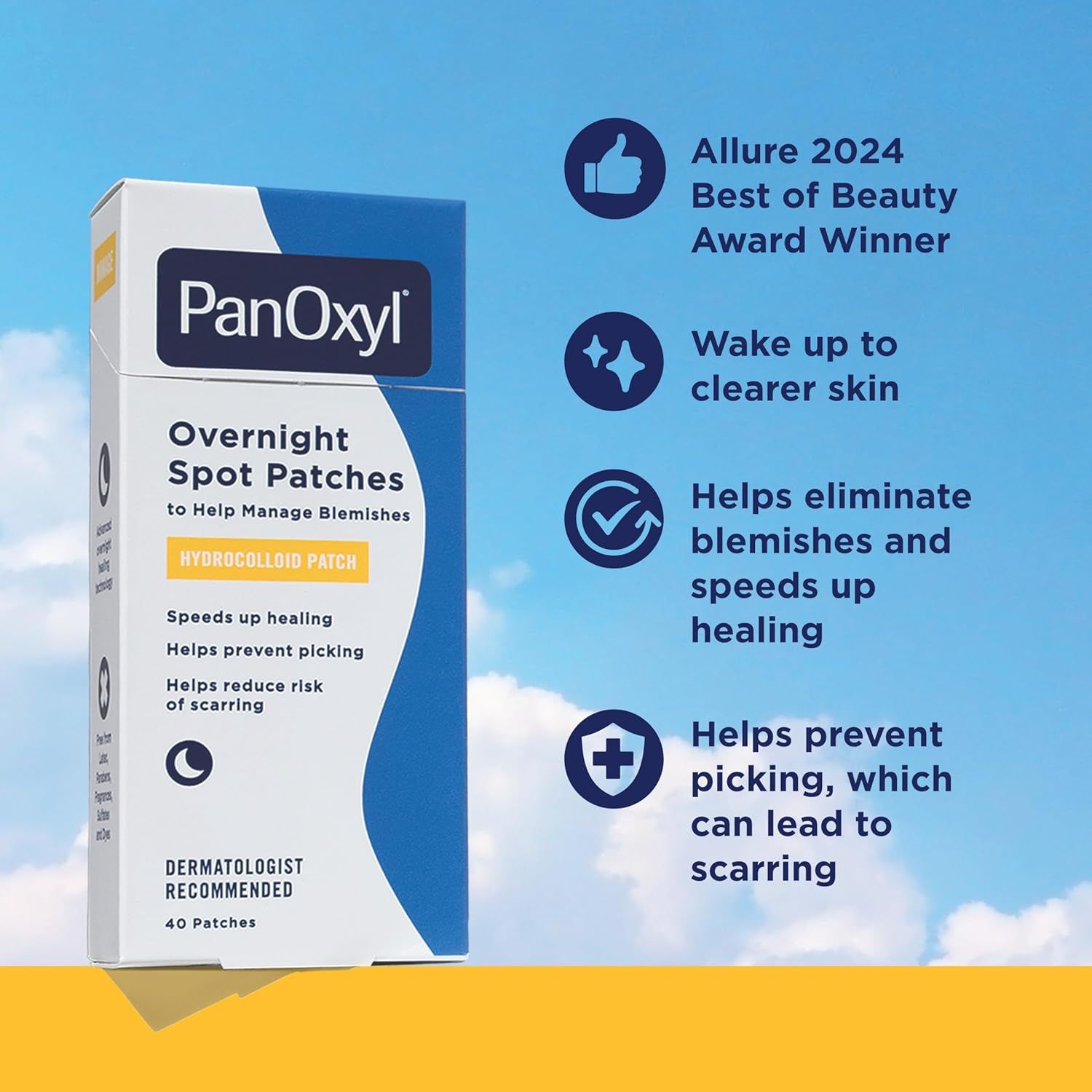 Communicates multiple distinct benefits of the overnight spot patches through a visually segmented layout with icons and callouts, reassuring shoppers of the product's effectiveness and award…