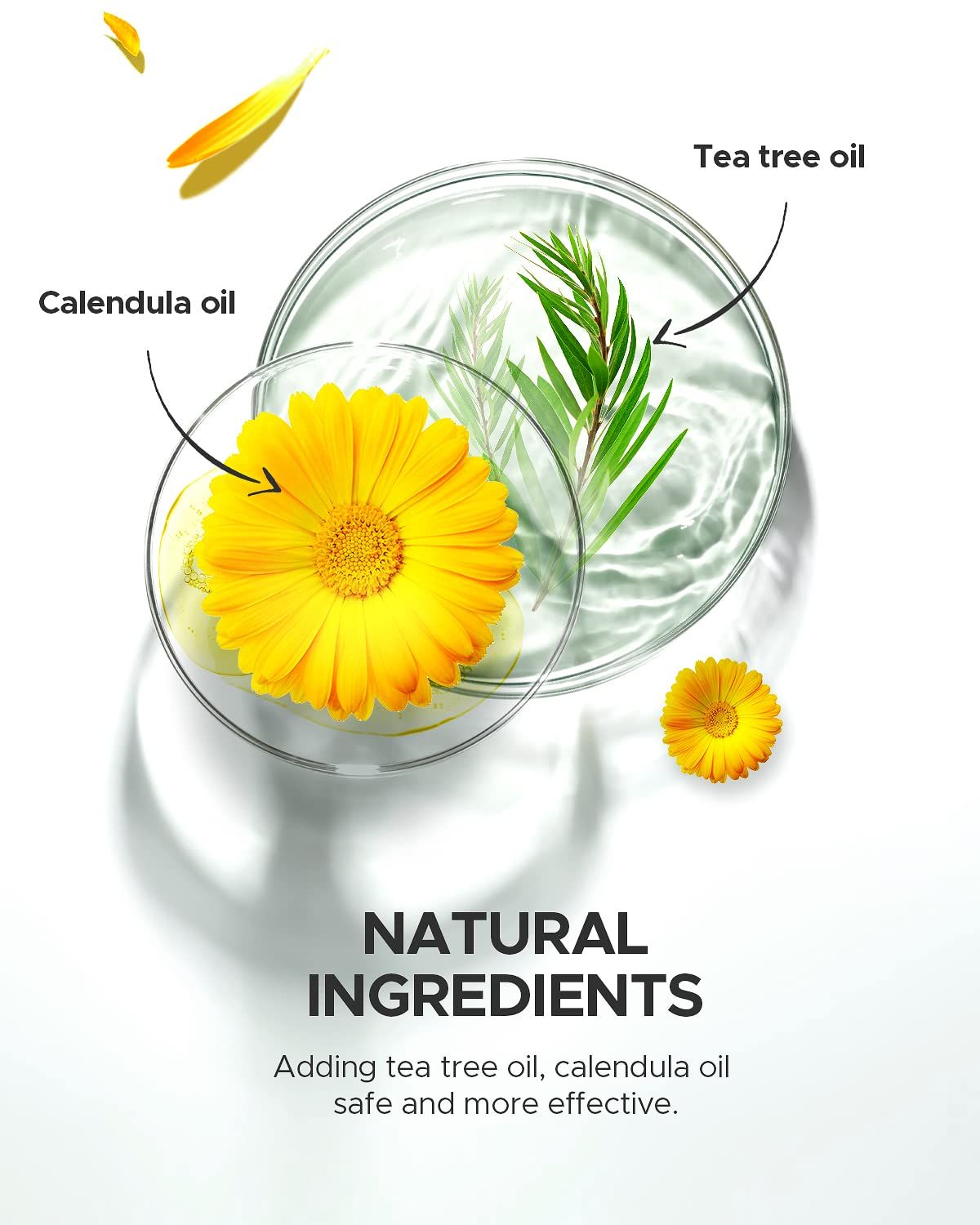 Highlights the specific natural ingredients in the product (tea tree oil and calendula oil) to reassure shoppers about the product's natural composition and effectiveness. Communicates the core…