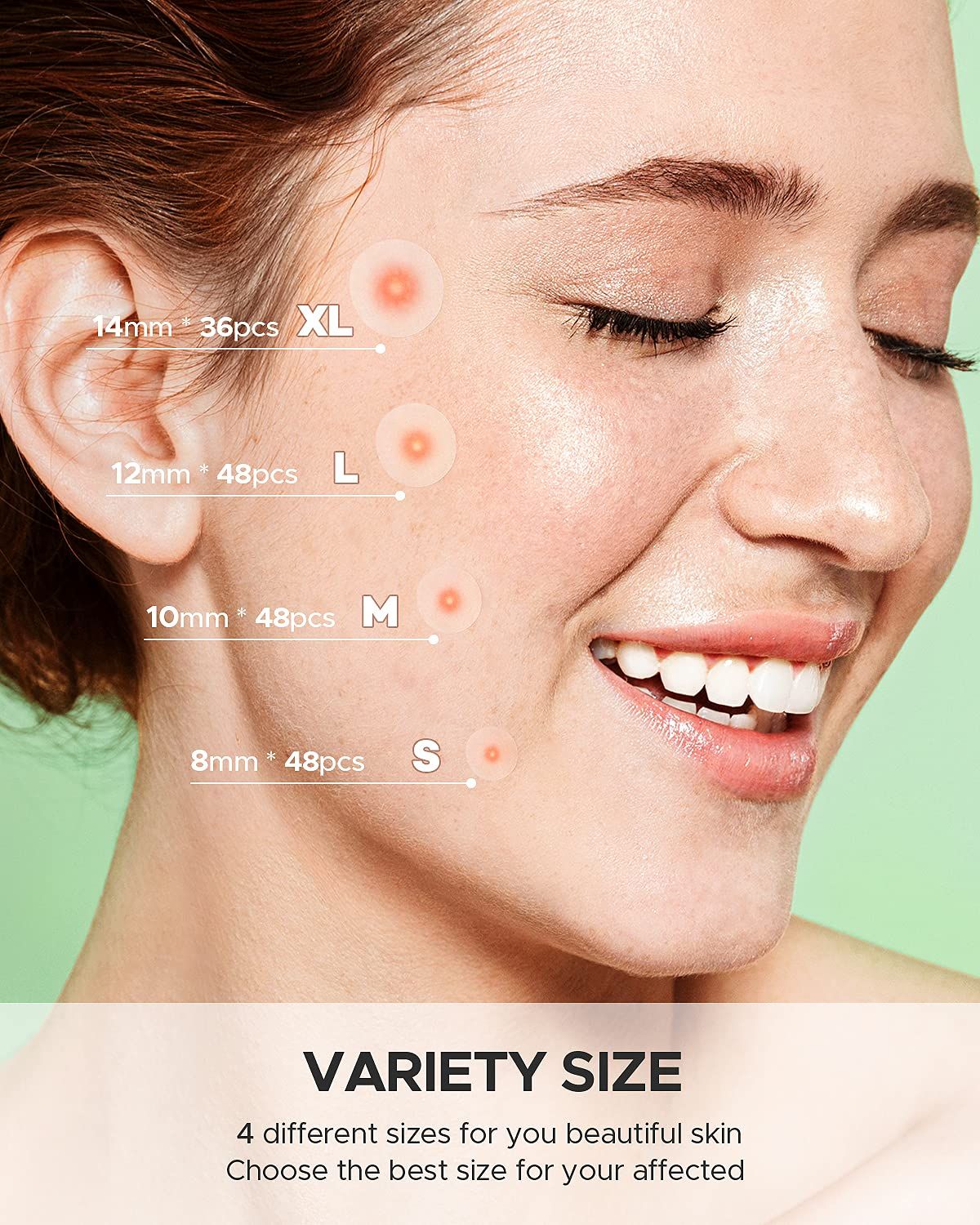 Demonstrates the four different size options available (XL, L, M, S) with specific dimensions and piece counts, helping shoppers choose the right size for their skincare needs.
