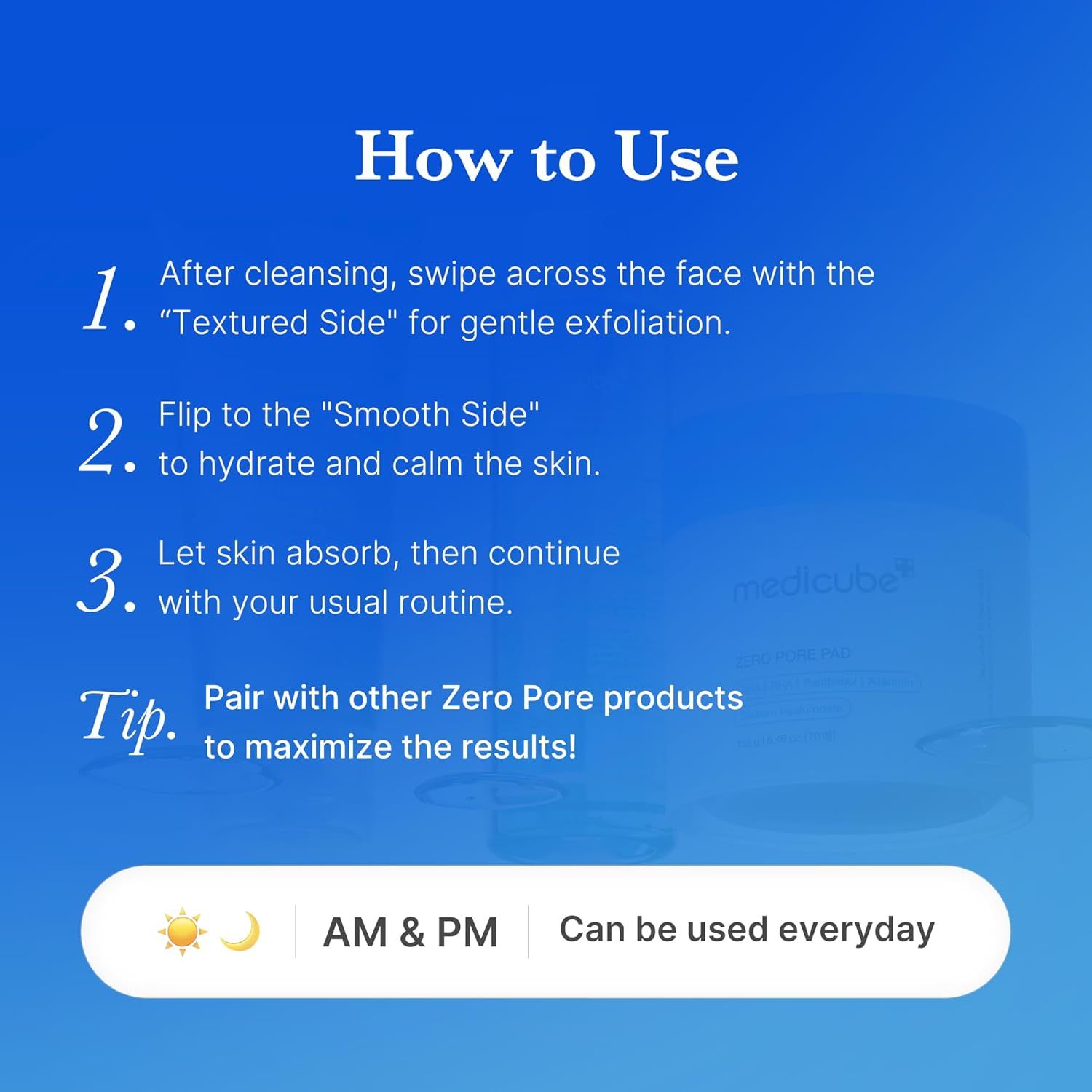 Provides clear step-by-step instructions on how to use the dual-sided skincare product for exfoliation and hydration, reassuring shoppers about ease of use and proper application technique.