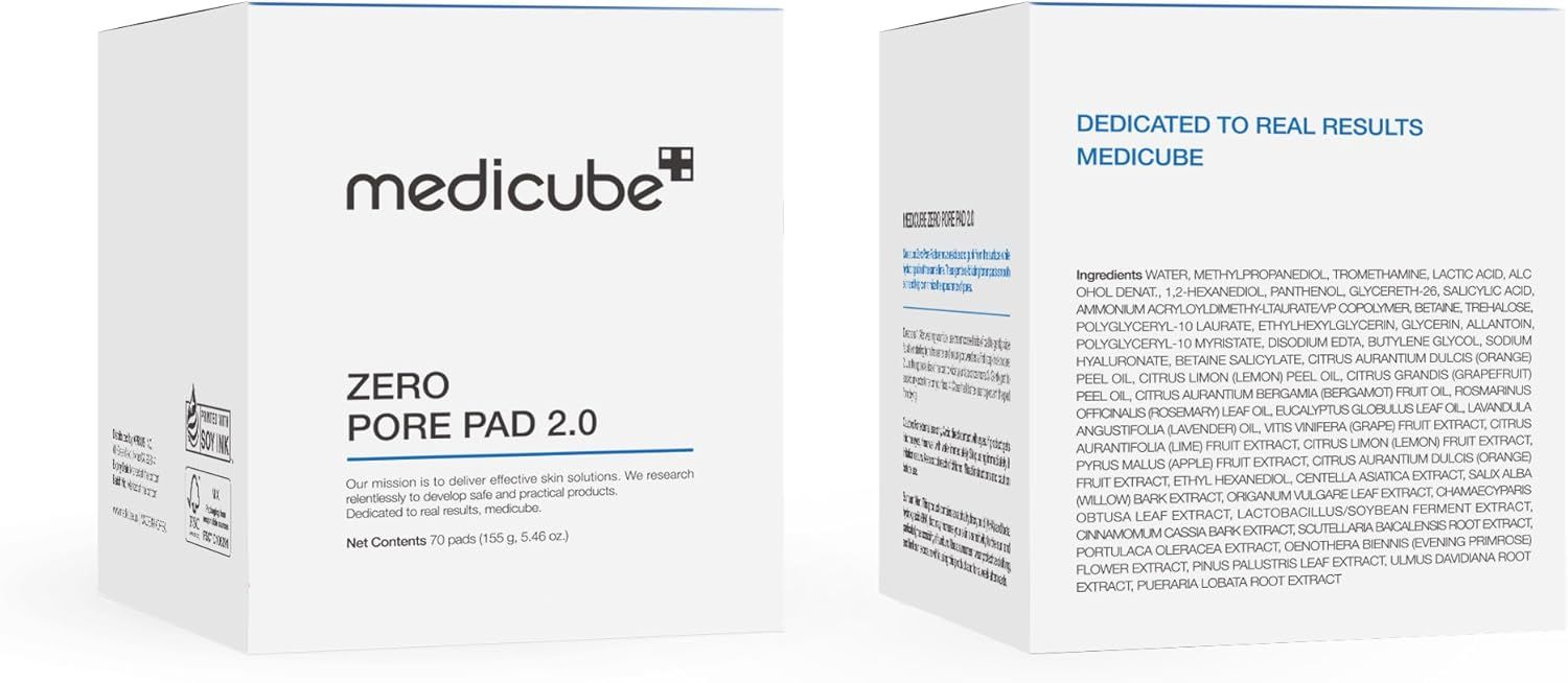 Shows the front and back of the product packaging to communicate what the customer receives, including the product name, net contents (70 pads), and full ingredient list for transparency.