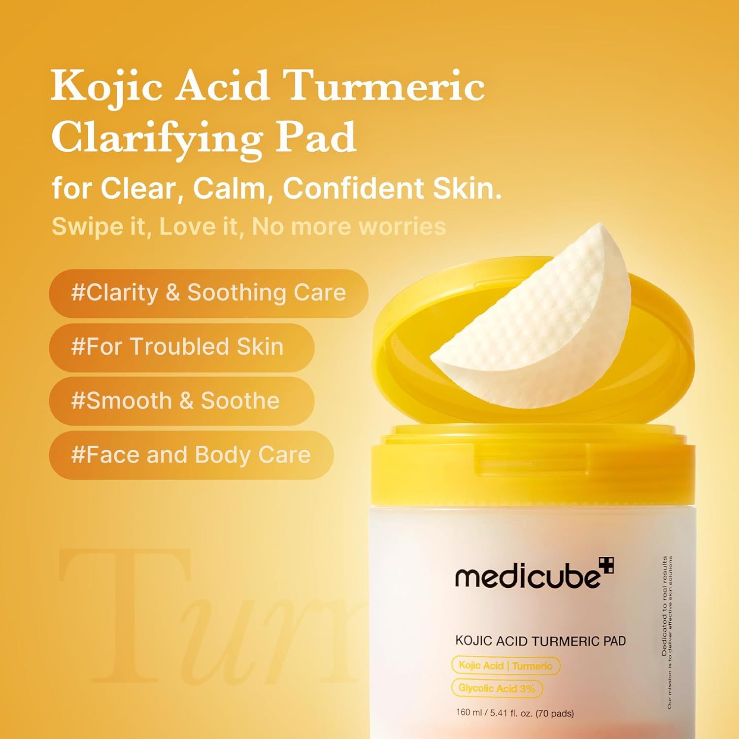 Communicates multiple distinct benefits of the clarifying pad through visually segmented hashtag callouts, showing it addresses clarity, troubled skin, smoothing, and versatile face/body use.