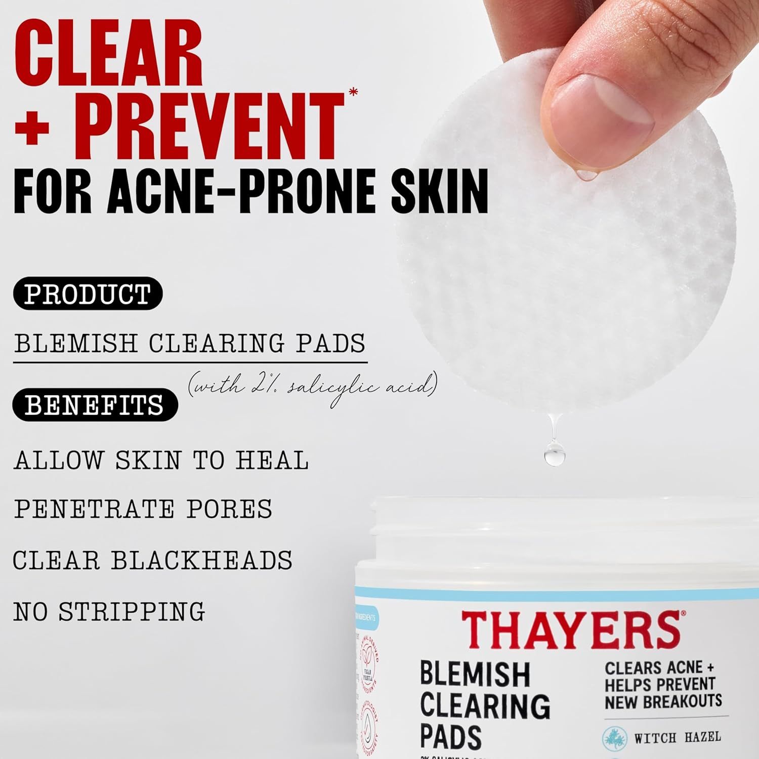 Communicates multiple distinct benefits of the blemish clearing pads in a segmented list format to show shoppers how the product addresses various acne-related concerns.
