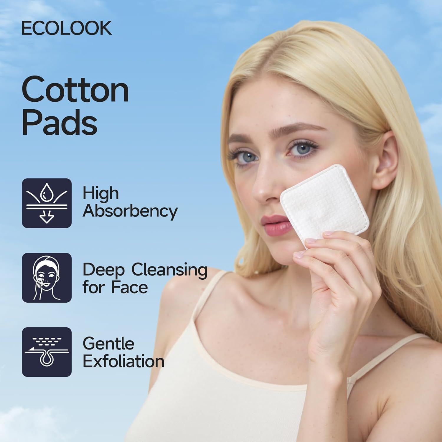 Communicates three distinct product benefits in a segmented layout with icons and text, showing shoppers why these cotton pads are effective for facial care.