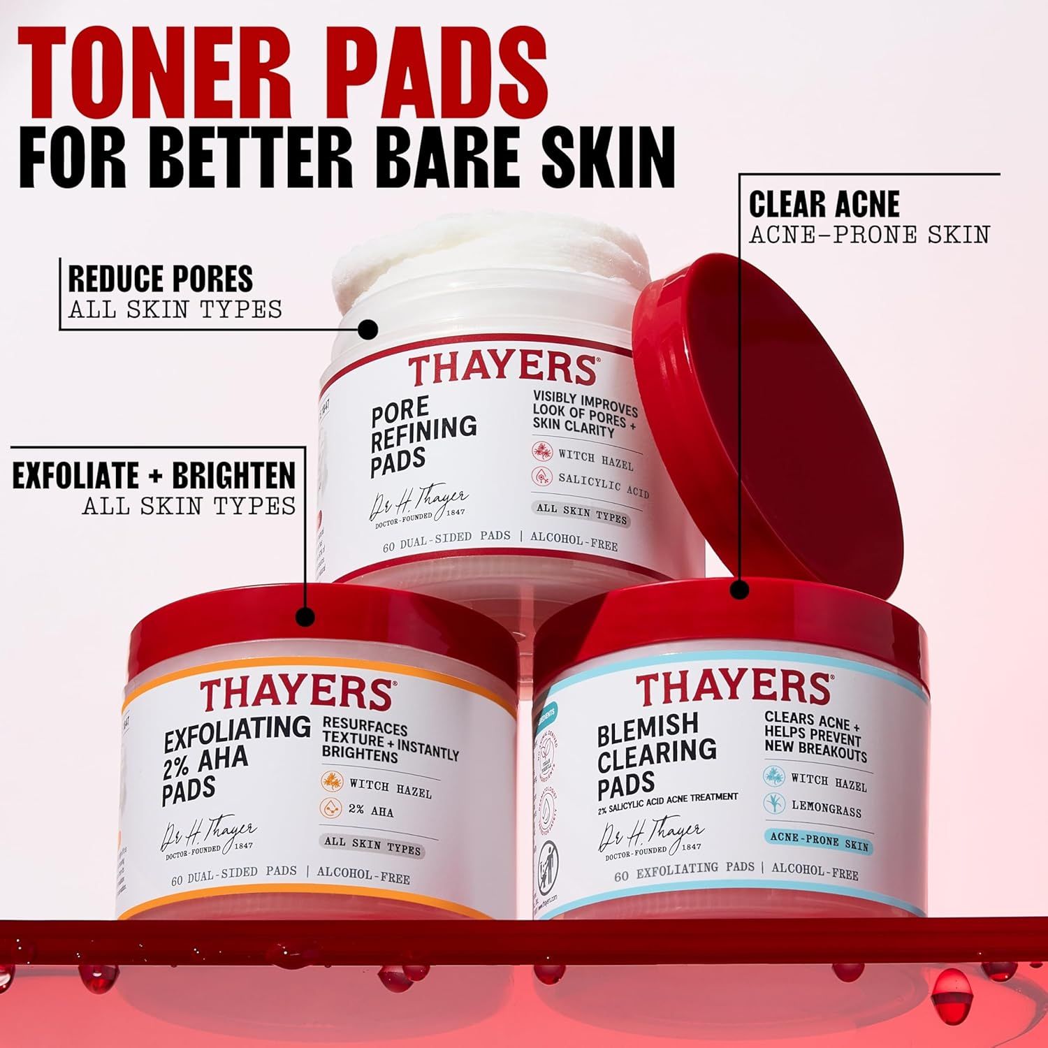 Displays the Thayers brand's toner pad product line, showing three different variants (Pore Refining, Exfoliating 2% AHA, and Blemish Clearing) to help shoppers understand the range of options…