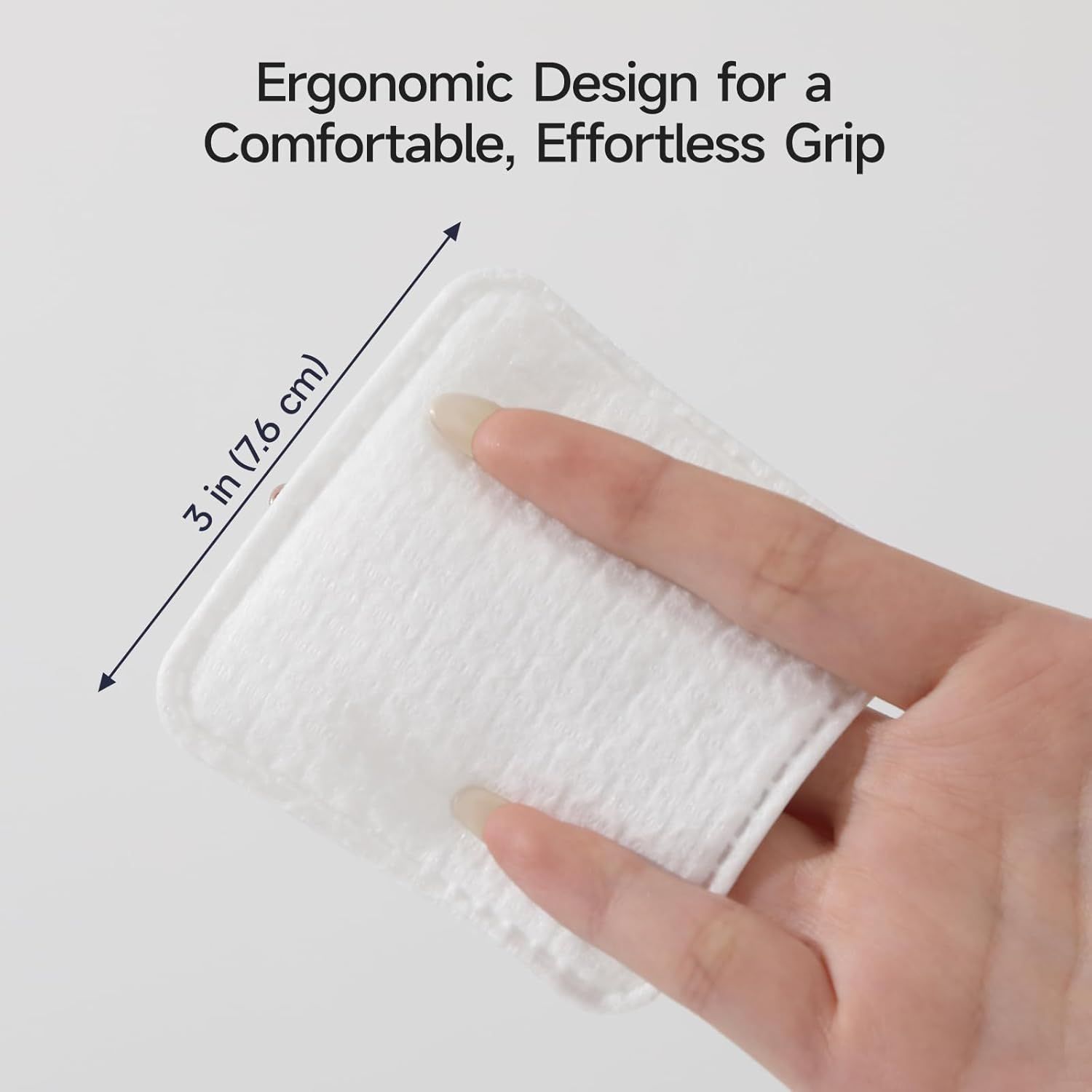 Communicates the product's compact 3-inch size with dimensional measurement to show it fits comfortably in hand and is easy to grip and use. Highlights the ergonomic design benefit that provides a…