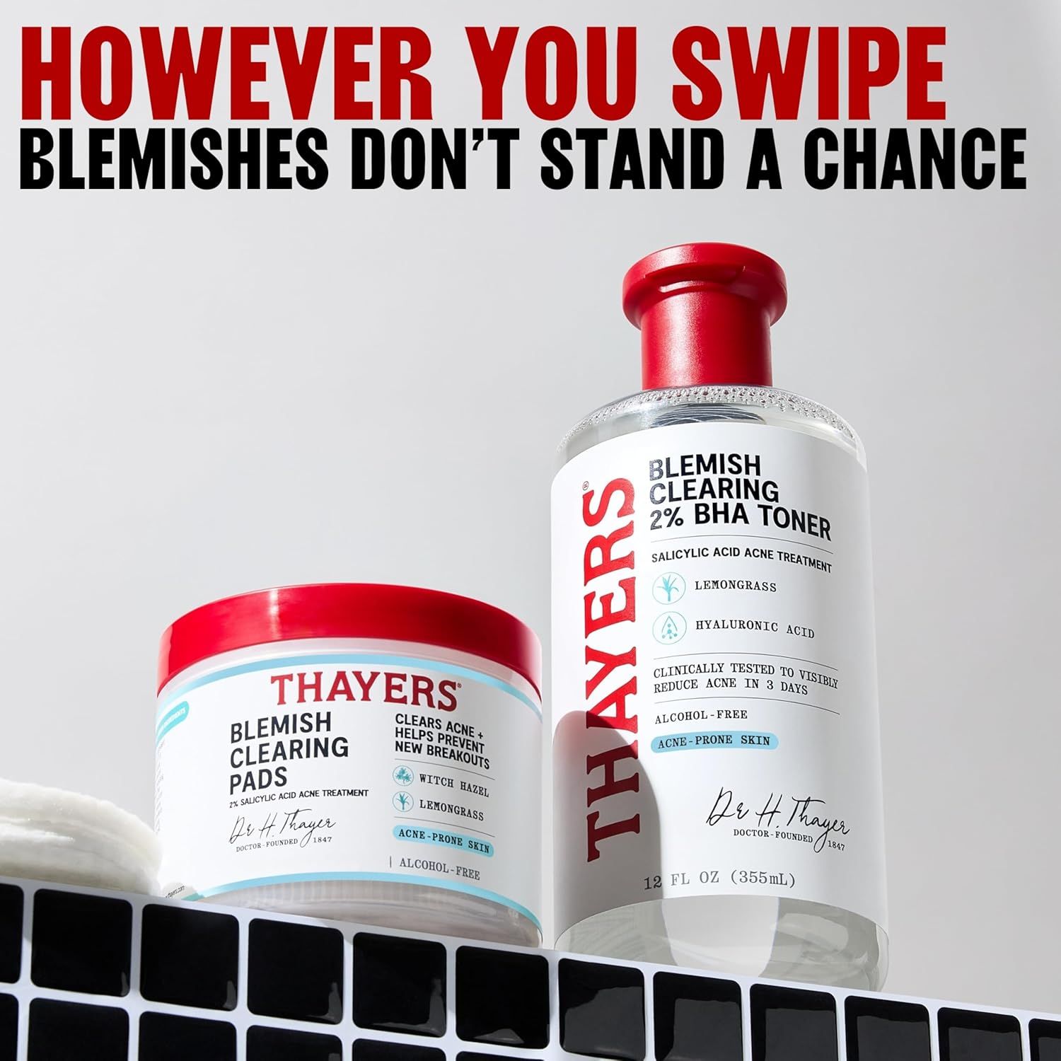 Communicates the product's core benefit of clearing blemishes and preventing acne breakouts, reassuring shoppers of its effectiveness with a bold, confident claim.