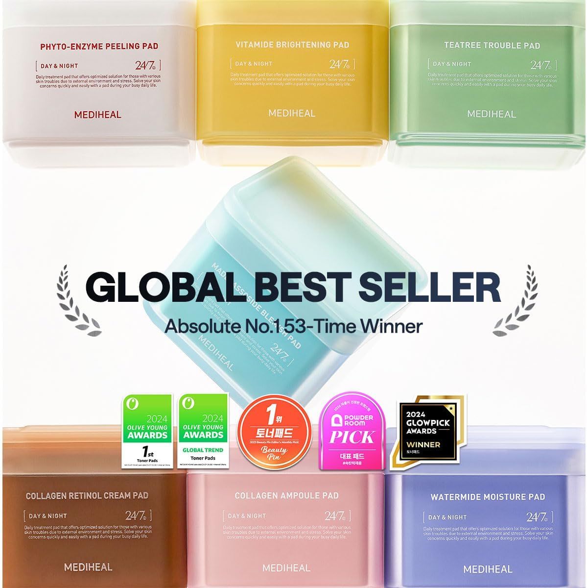 Showcases the brand's complete product line of treatment pads and emphasizes their global best-seller status and multiple award wins to build trust and credibility with shoppers.