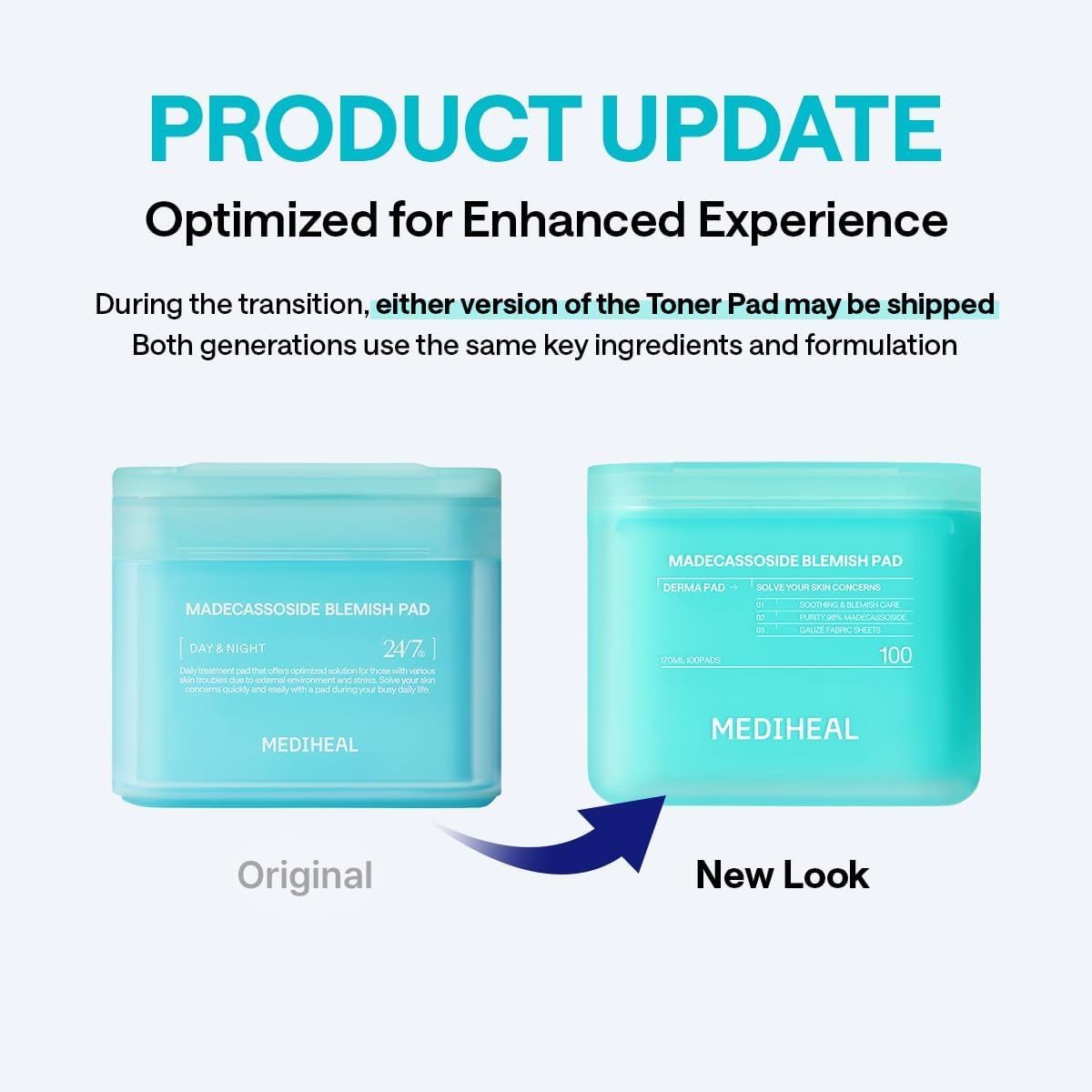 Informs shoppers that the product is undergoing a packaging update and that either version may be shipped, reassuring them that both contain the same formulation.