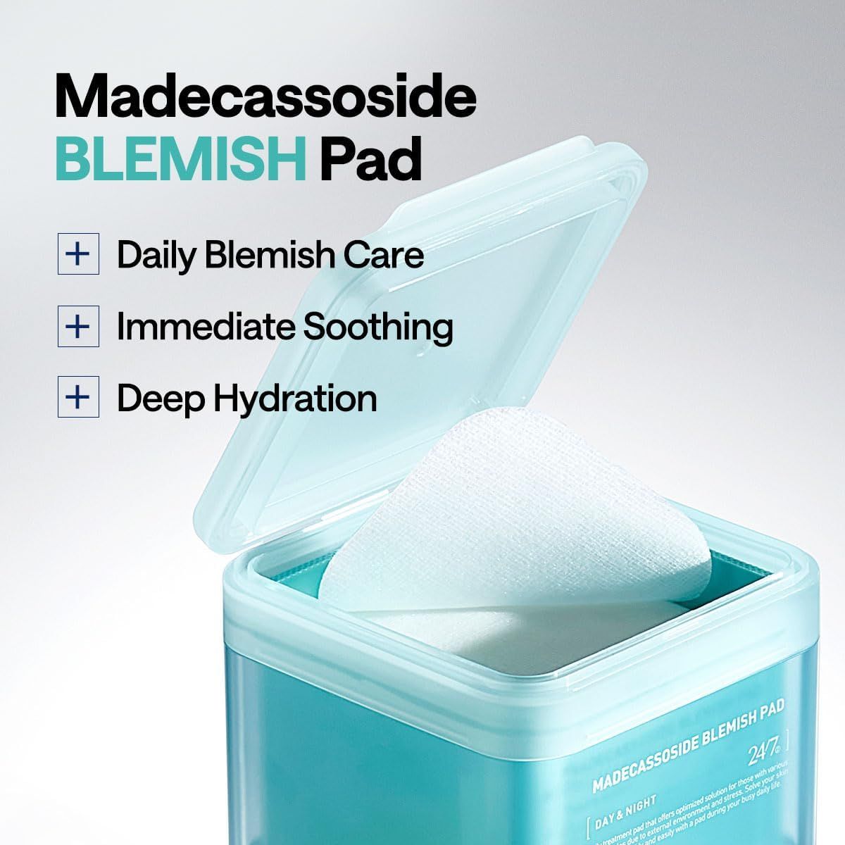 Communicates three distinct skincare benefits of the blemish pad to reassure shoppers of its multi-functional effectiveness for acne-prone skin.