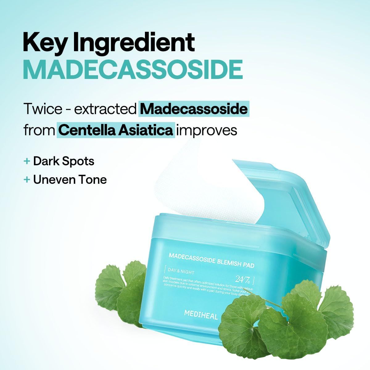 Highlights the key active ingredient (Madecassoside) and its benefits for improving dark spots and uneven skin tone, reassuring shoppers about the product's efficacy and natural sourcing.