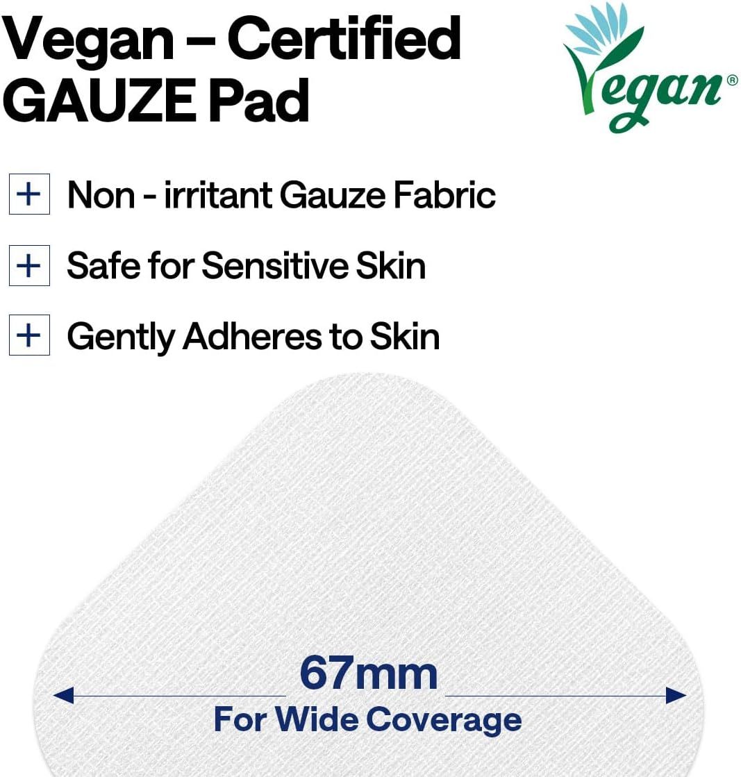 Communicates multiple key benefits of the gauze pad including its vegan certification, non-irritant fabric, skin safety, gentle adhesion, and size for wide coverage to reassure shoppers about…