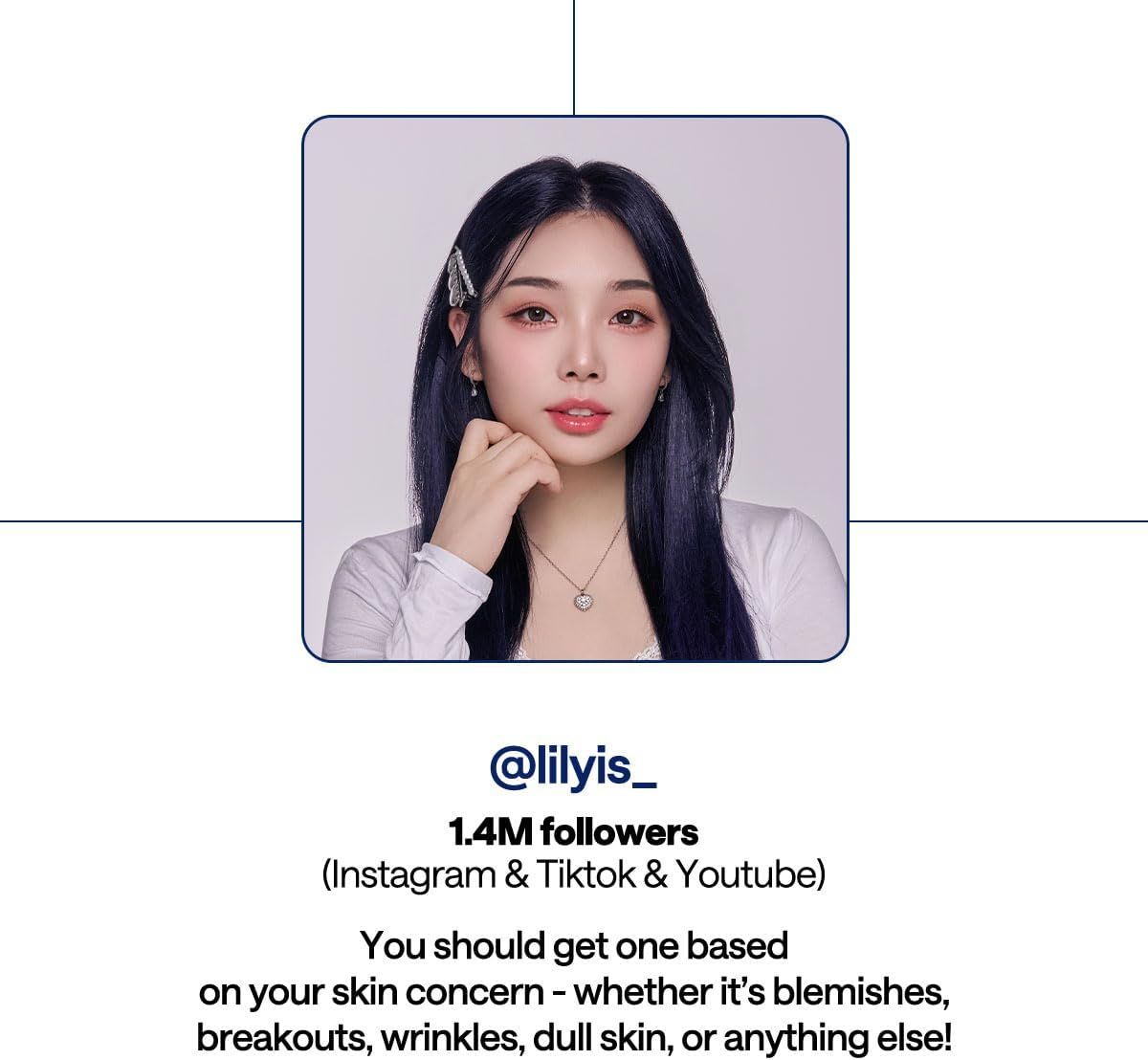 Leverages social proof from a social media influencer with 1.4M followers to build trust and credibility, encouraging shoppers to purchase based on the influencer's recommendation for various skin…