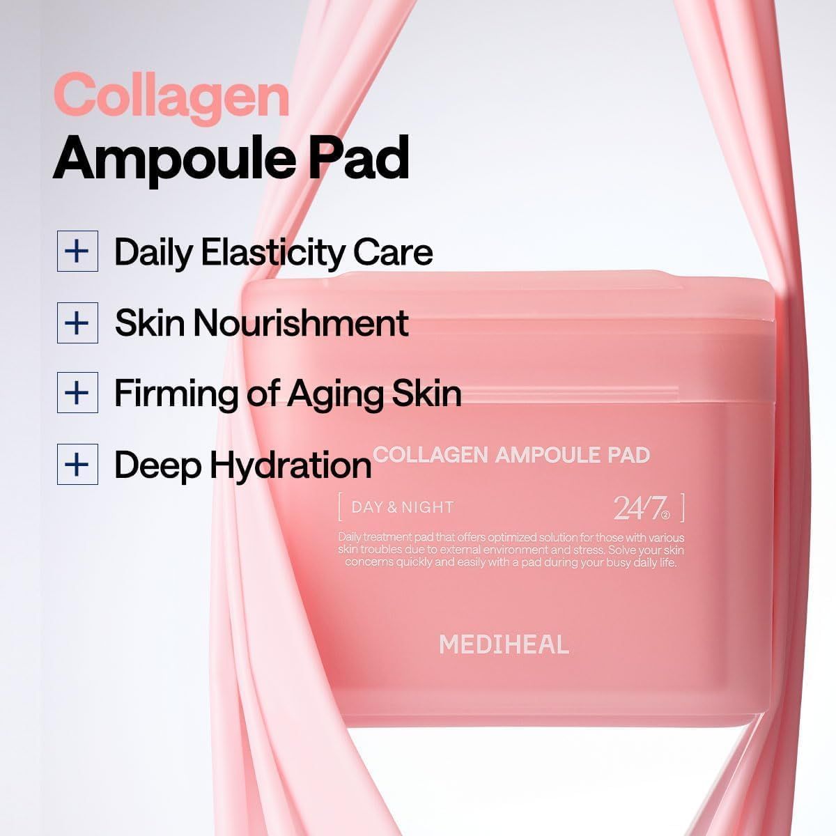 Communicates multiple skincare benefits of the collagen ampoule pad in a segmented list format, reassuring shoppers that the product addresses elasticity, nourishment, firming, and hydration needs.