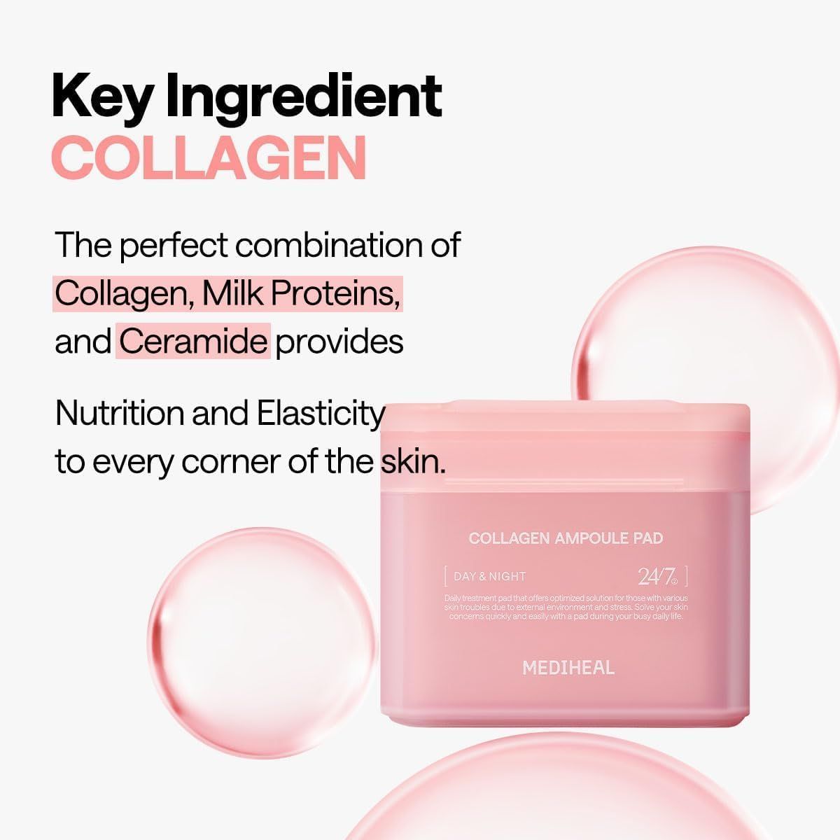 Highlights the key ingredient (collagen) and its benefits of providing nutrition and elasticity to the skin, reassuring shoppers about the product's effectiveness.