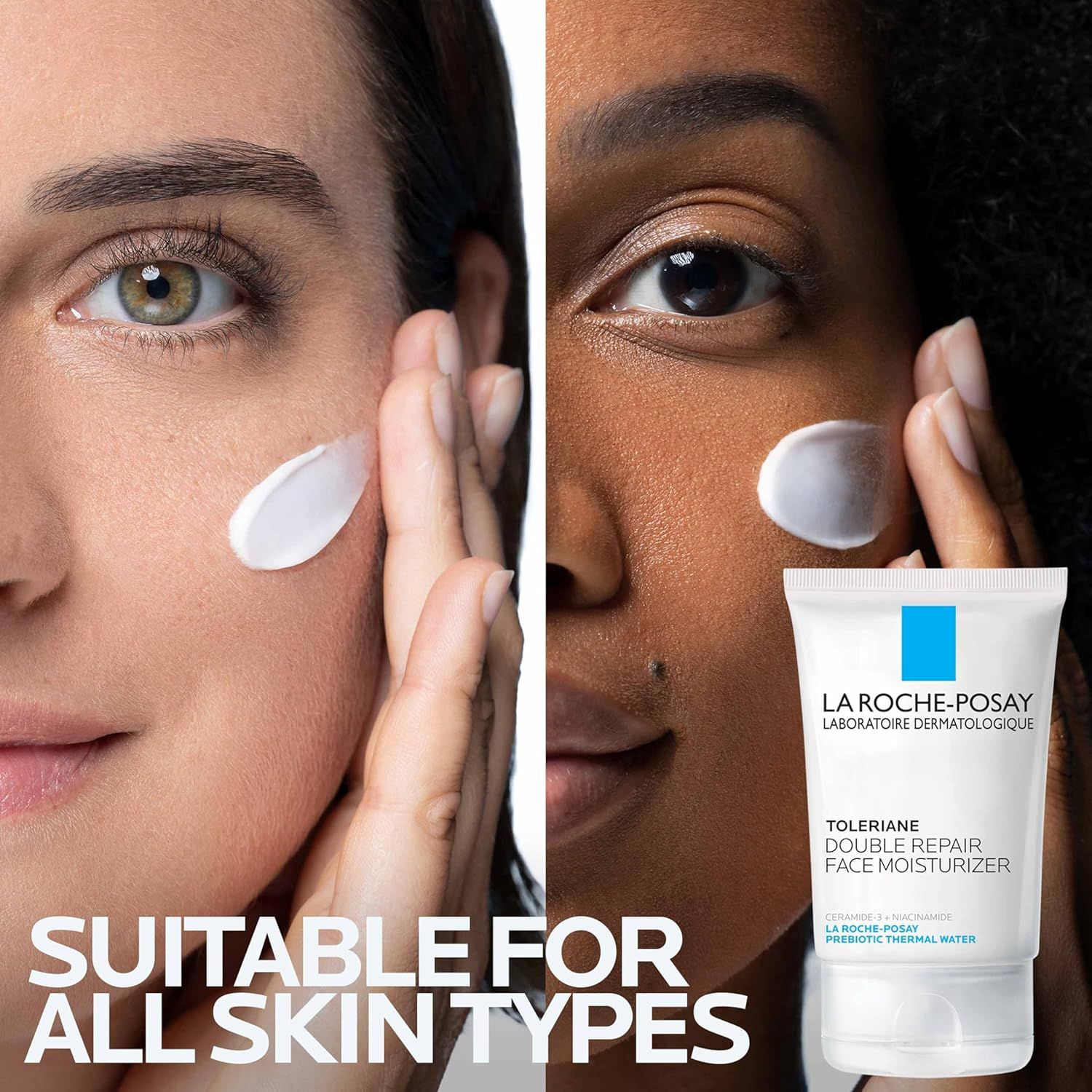 Communicates that the La Roche-Posay face moisturizer is universally suitable and works effectively across diverse skin tones and types, building trust and inclusivity.