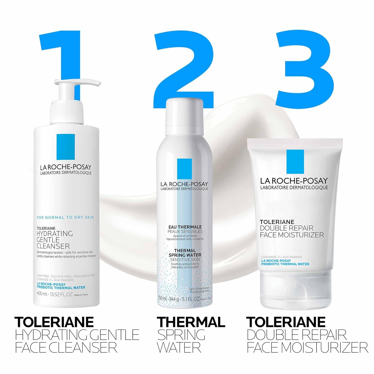 Demonstrates a simple 3-step skincare regimen using La Roche-Posay products, guiding shoppers through the proper sequence of cleanse, tone, and moisturize. Showcases the La Roche-Posay Toleriane…