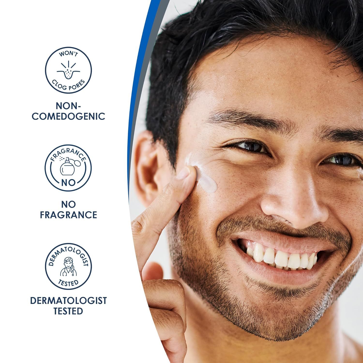 Communicates that the product is safe for sensitive skin by highlighting three key safety and quality attributes: won't clog pores, fragrance-free, and dermatologist tested. Showcases three distinct…